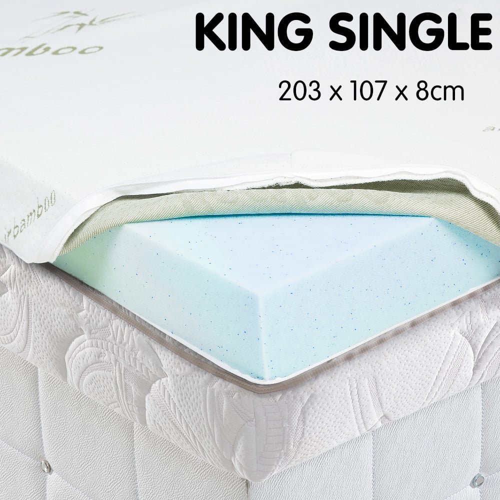 Laura Hill Cool Gel Memory Foam Mattress Topper in King Single size, featuring a breathable bamboo cover and gel-infused foam for enhanced comfort.