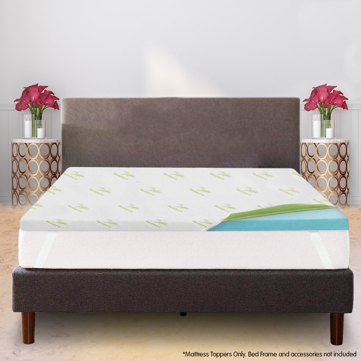 Laura Hill Cool Gel Memory Foam Mattress Topper in Queen size, featuring a breathable bamboo cover and gel-infused foam for optimal comfort.