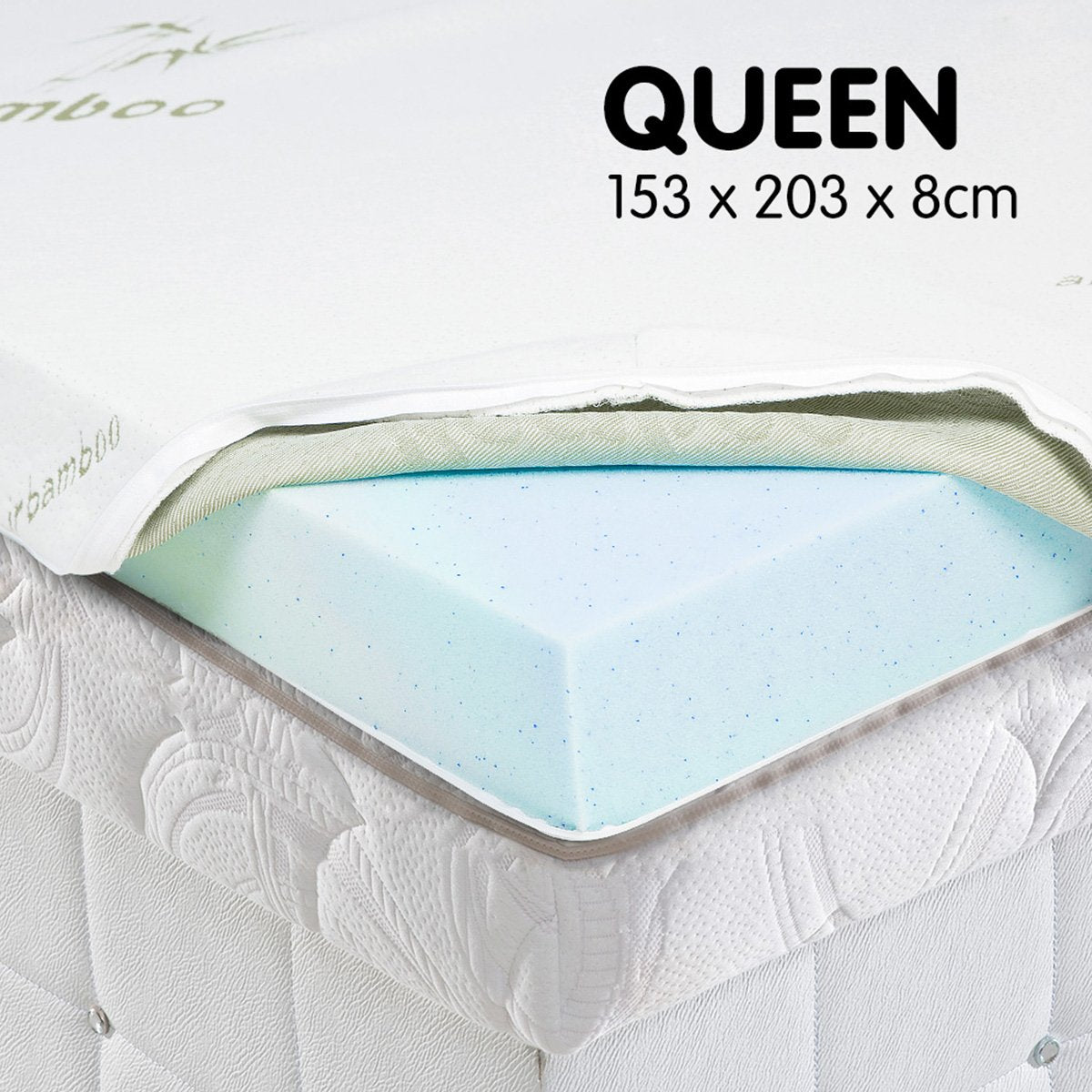 Laura Hill Cool Gel Memory Foam Mattress Topper in Queen size, featuring a breathable bamboo cover and gel-infused foam for optimal comfort.