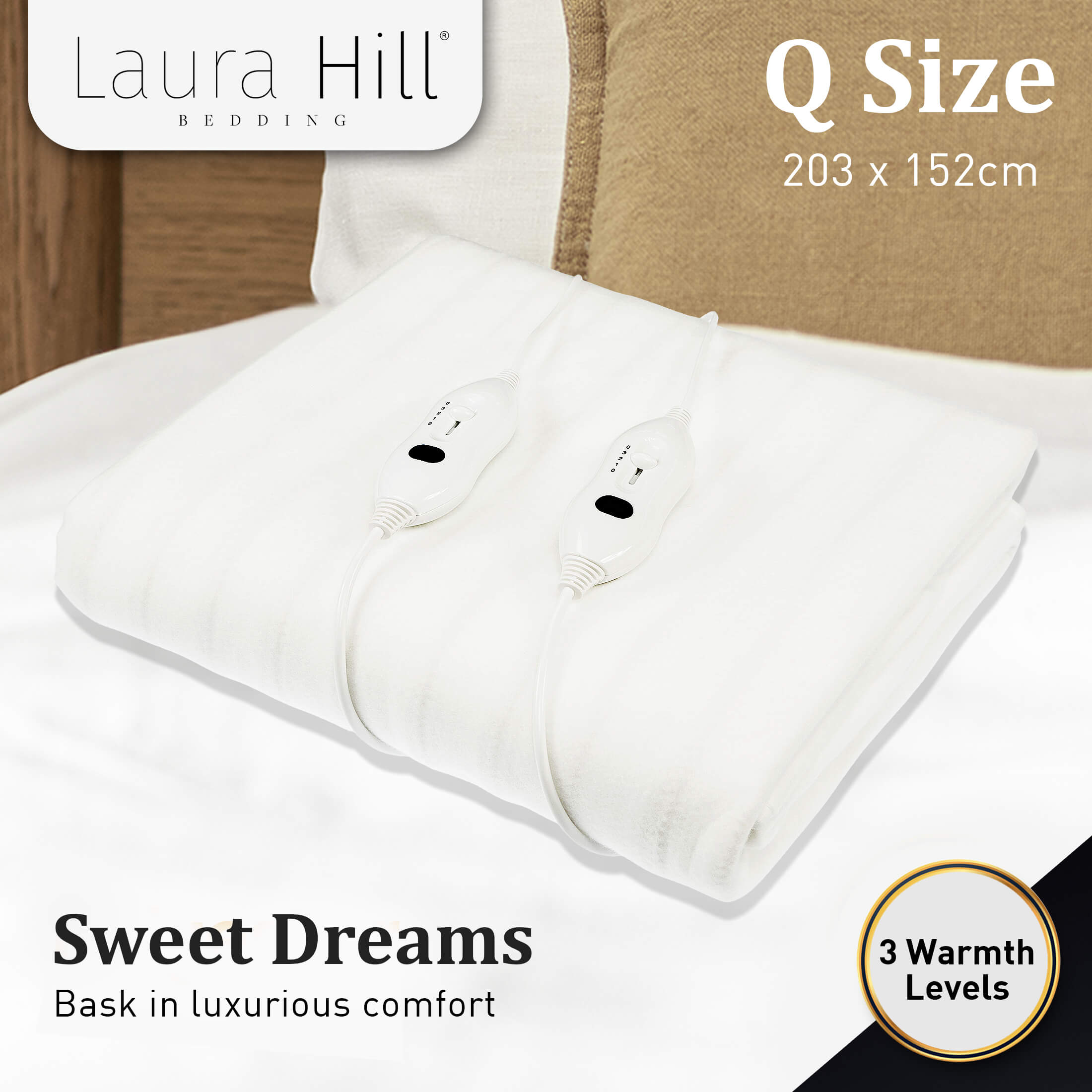 Laura Hill Electric Blanket Queen Size Fitted Underlay, ultra-soft fabric with dual controllers for personalized warmth.