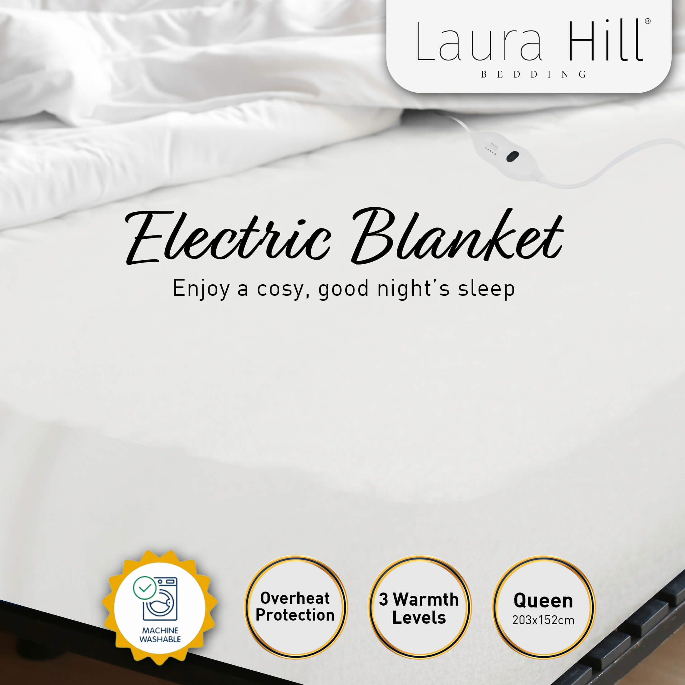 Laura Hill Electric Blanket Queen Size Fitted Underlay, ultra-soft fabric with dual controllers for personalized warmth.