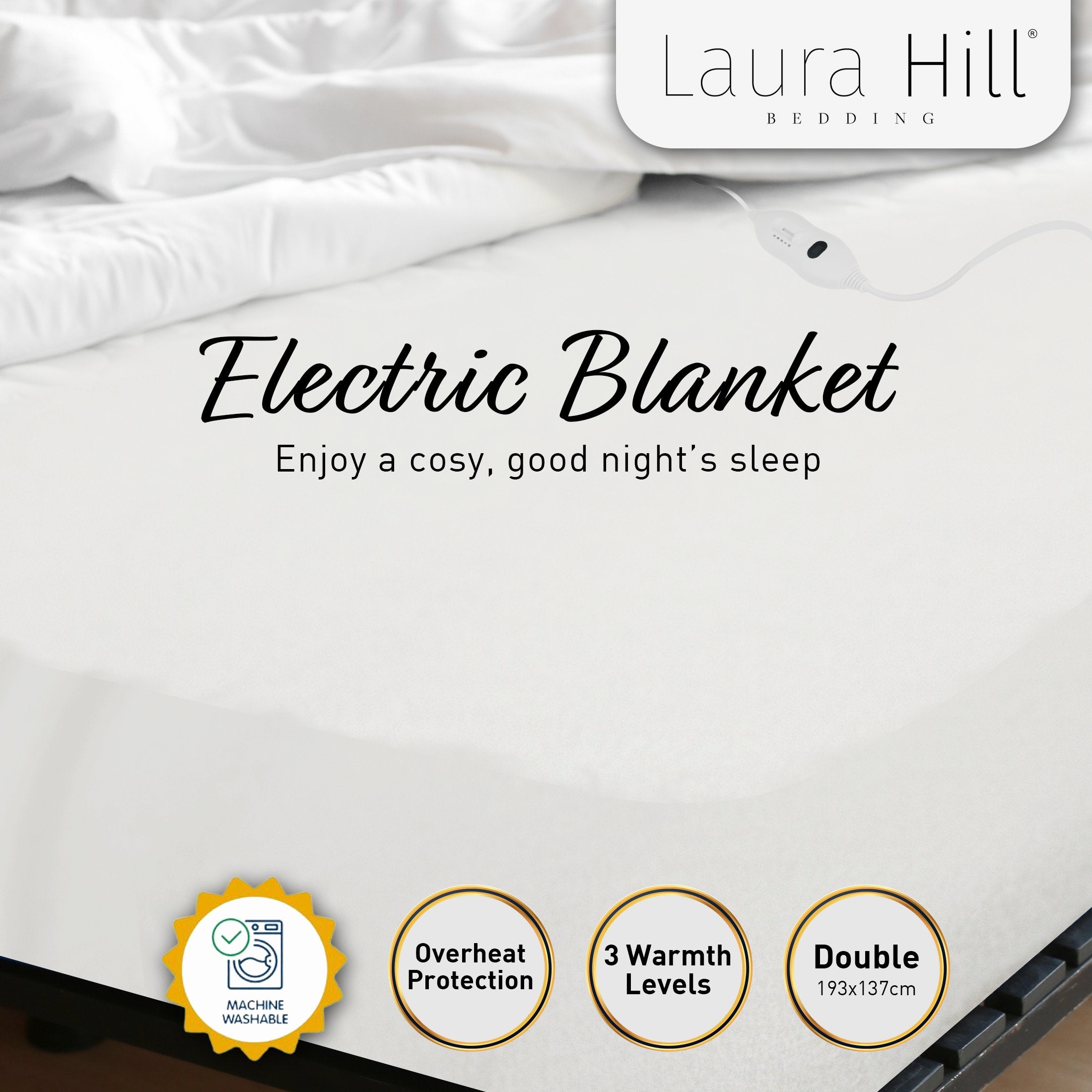 Laura Hill Heated Electric Blanket in double size, made of ultra-soft polyester, featuring dual controllers and LED display for temperature adjustment.