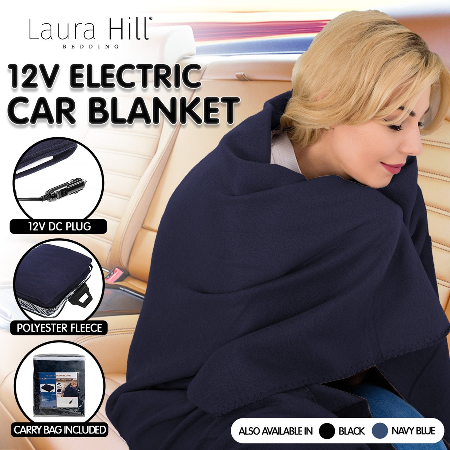 Laura Hill Heated Electric Car Blanket in blue, measuring 150x110cm, made from soft polyester fleece, ideal for winter travel.