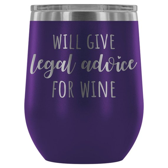 A colorful collection of 12oz Lawyer Tumblers in black, teal, pink, purple, and white, showcasing their engraved legal-themed designs.