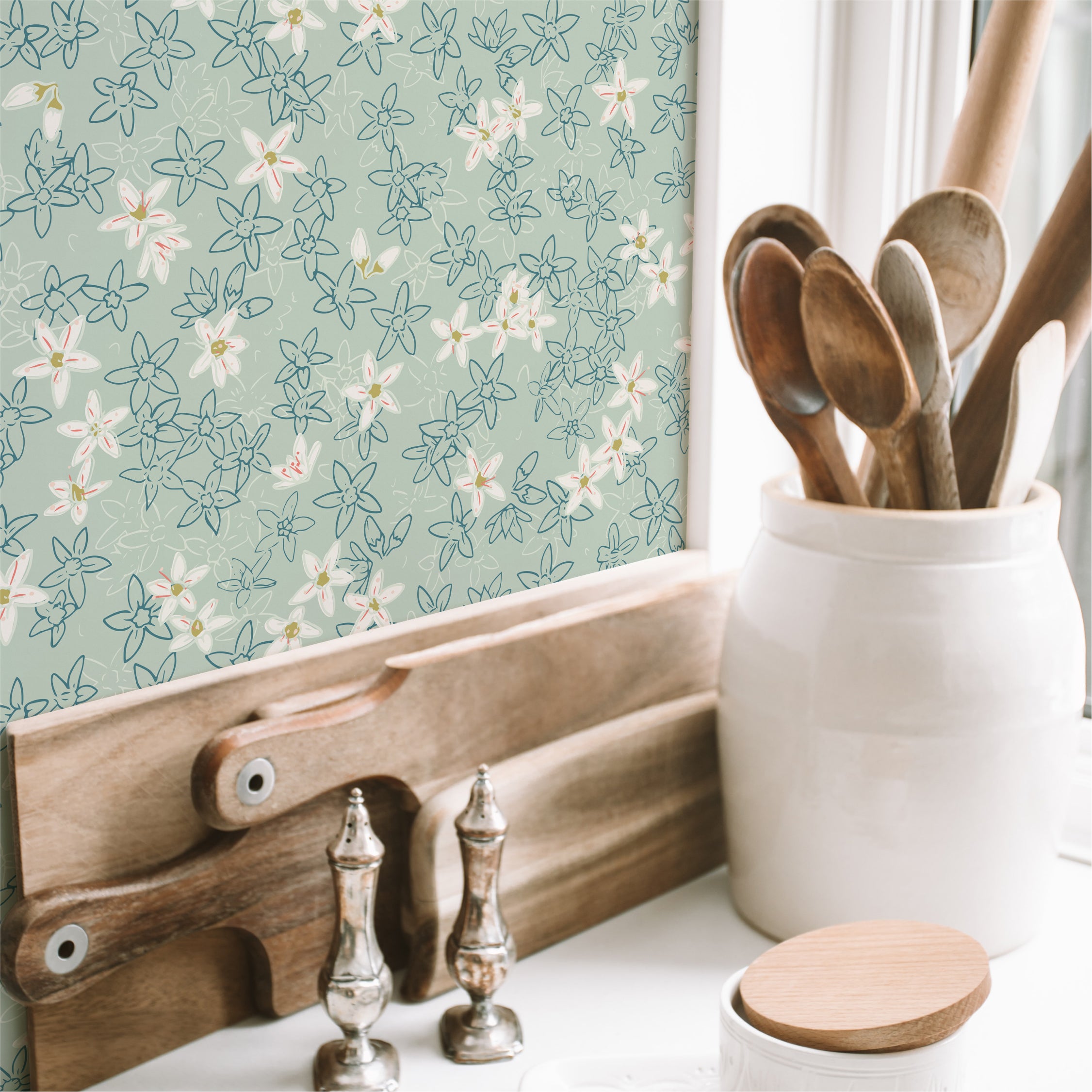 Layers of Floral (Green) Wallpaper featuring vibrant floral patterns on a smooth surface, ideal for modern home decor.