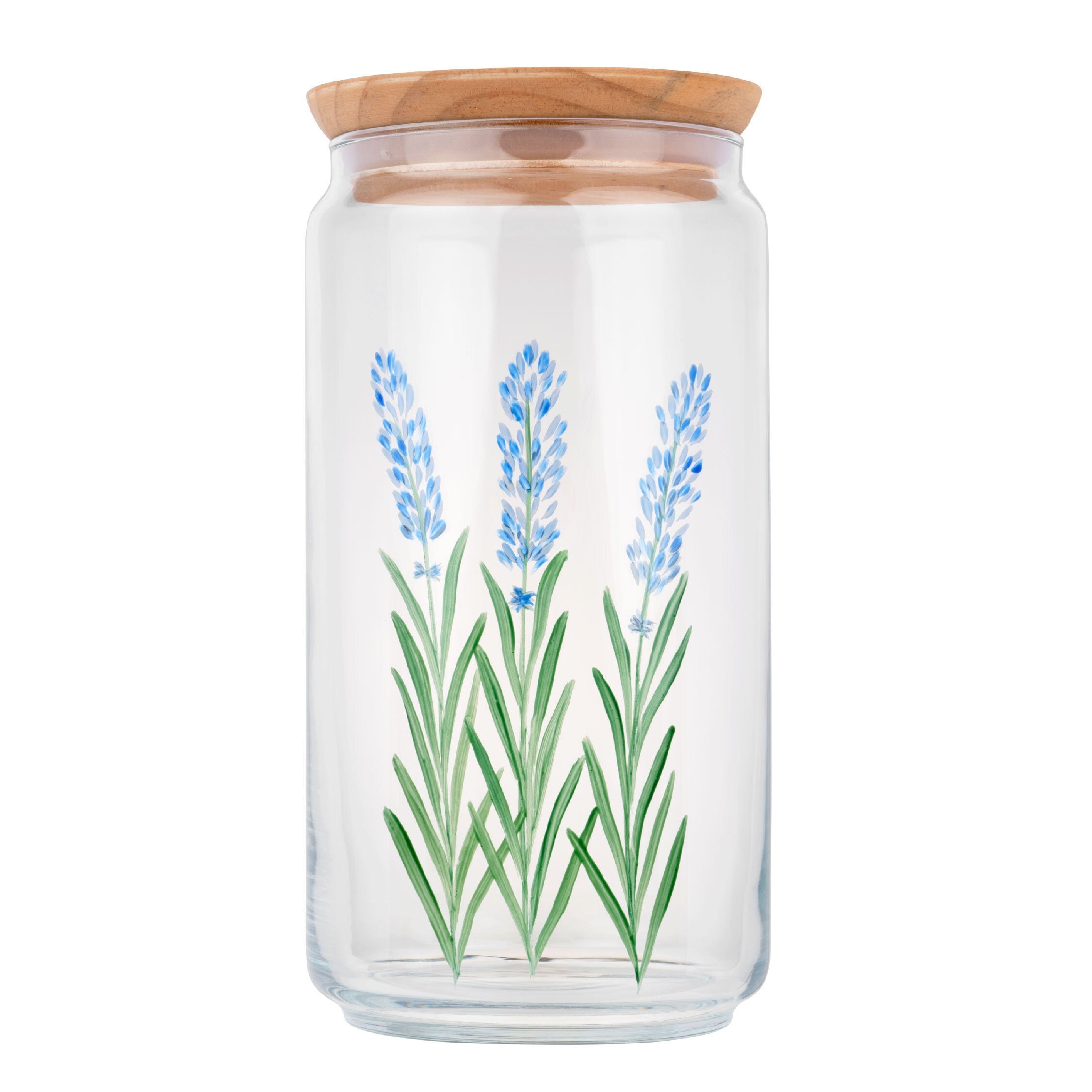 Le Lavande 1.5L hand-painted glass jar with airtight seal, ideal for food storage.