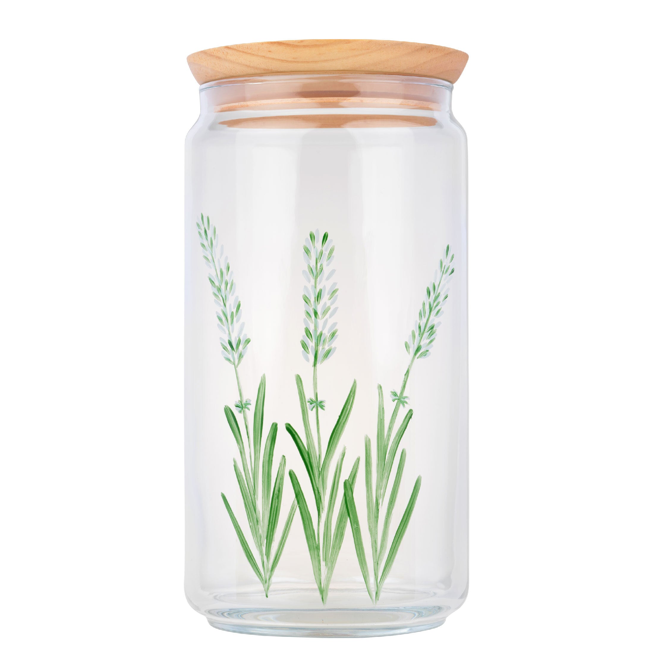 Le Lavande 1.5L hand-painted glass jar with airtight seal, ideal for food storage.