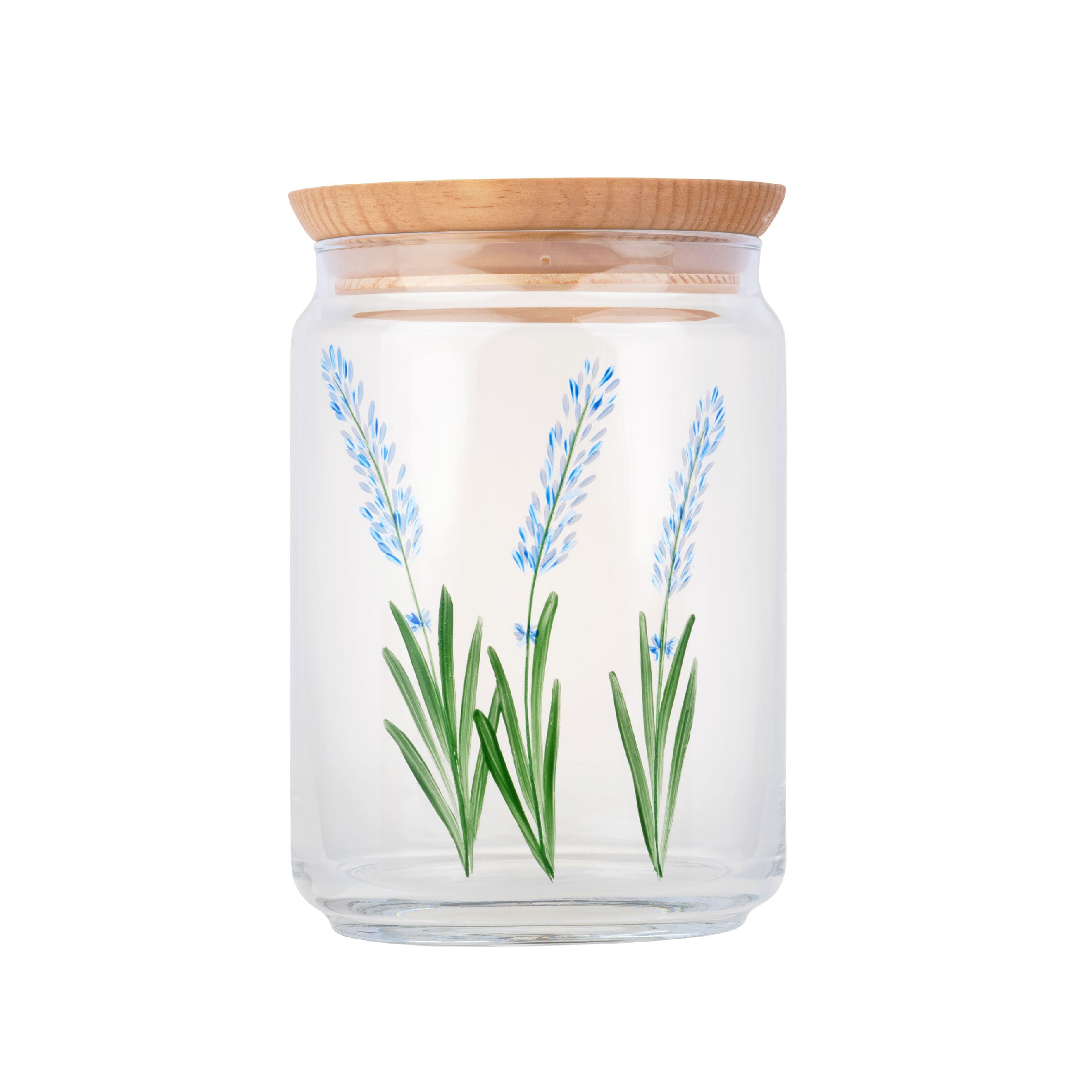 A beautifully hand-painted 1L glass jar with an airtight seal, ideal for storing dry foods like flour and rice.