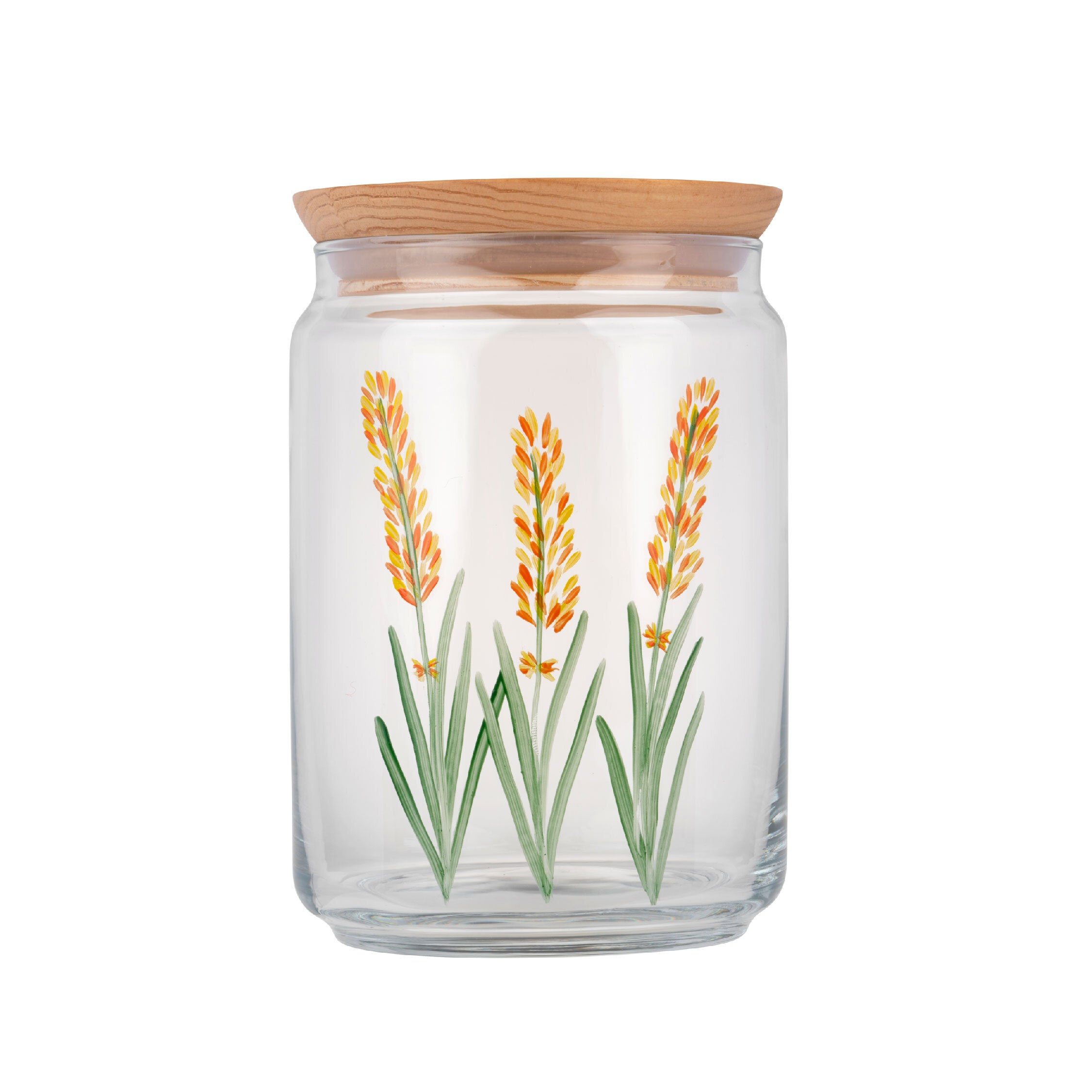 A beautifully hand-painted 1L glass jar with an airtight seal, ideal for storing dry foods like flour and rice.