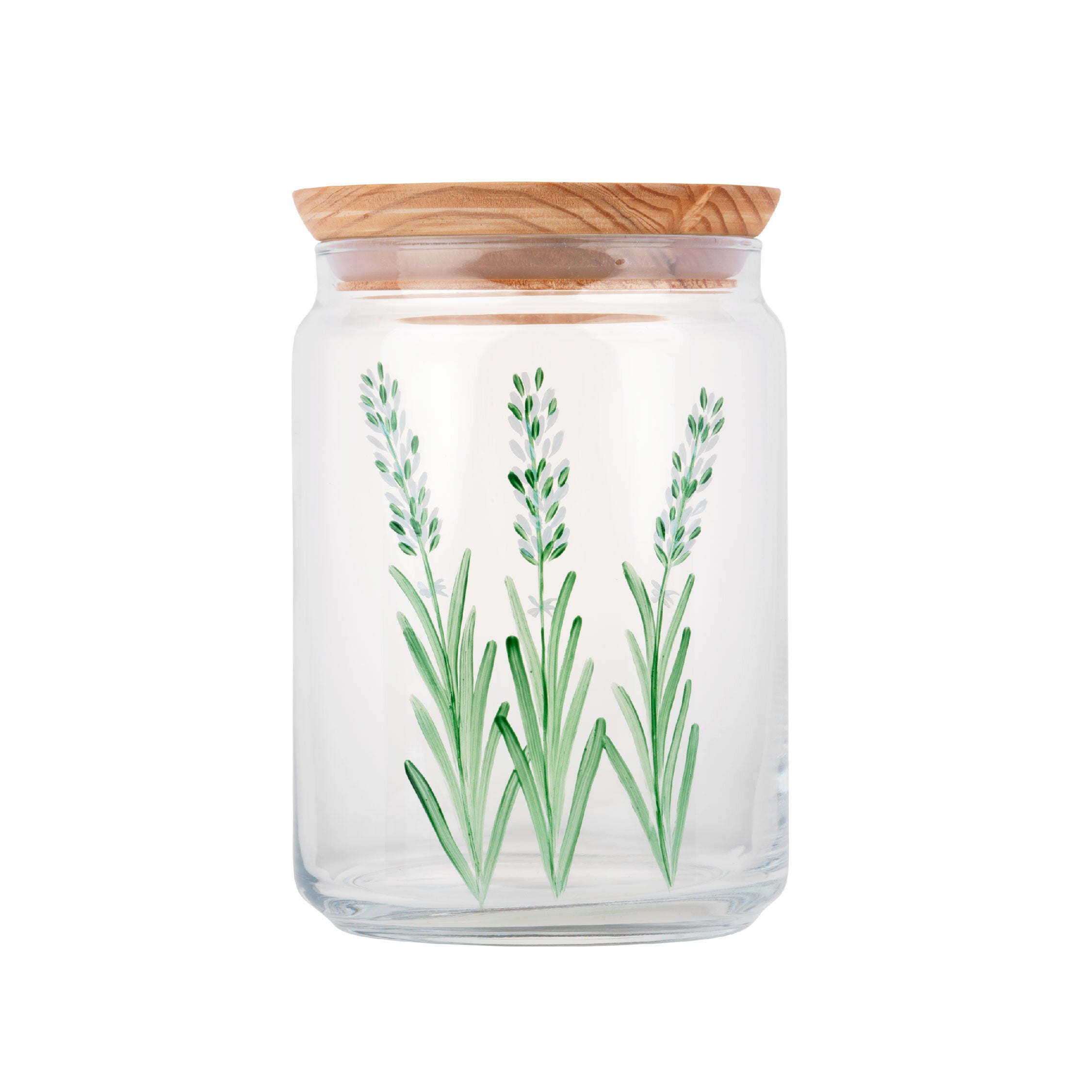 A beautifully hand-painted 1L glass jar with an airtight seal, ideal for storing dry foods like flour and rice.