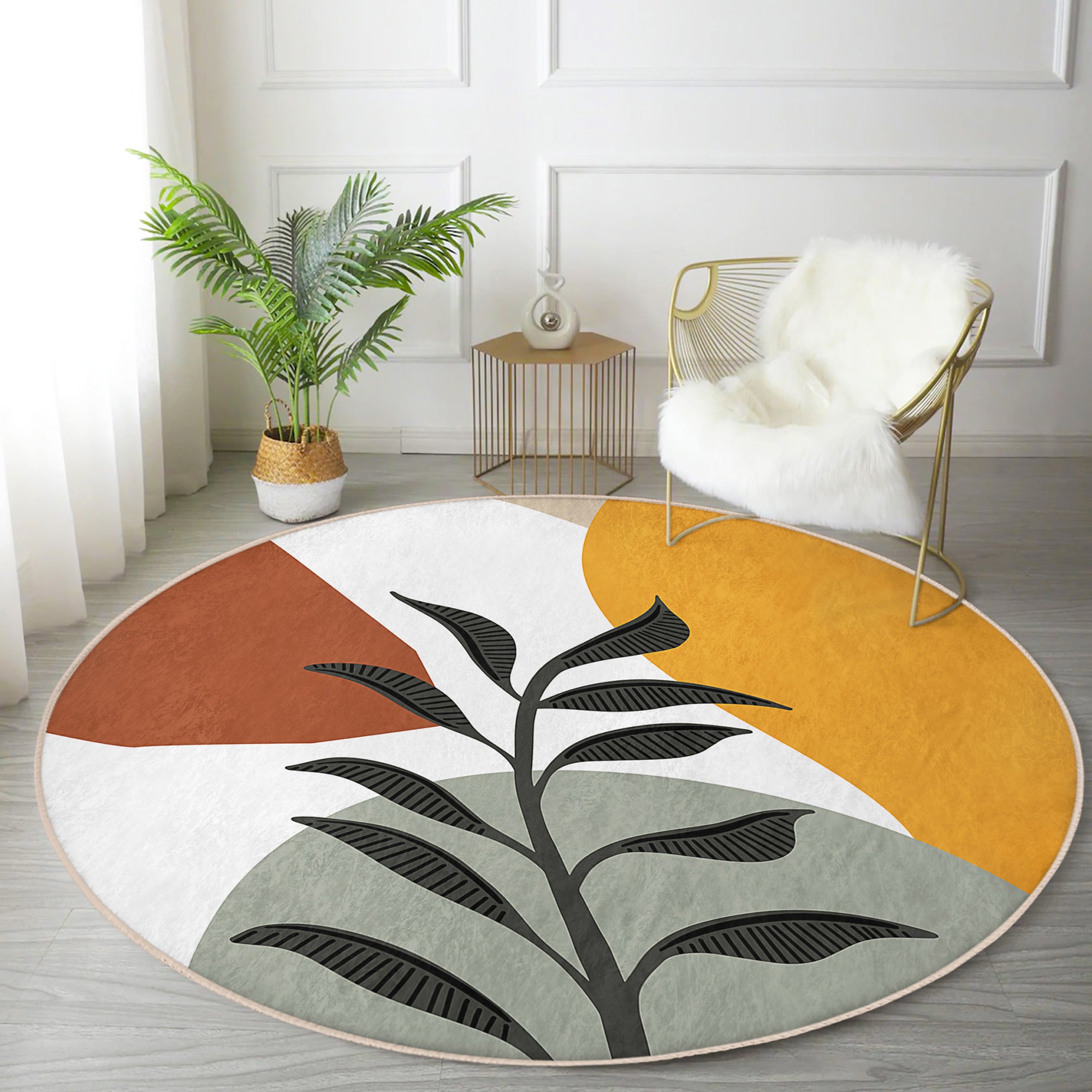 Leaf Pattern Minimalist Decorative Round Rug by Homeezone, featuring a stylish design in soft velvet fabric, perfect for home decor.