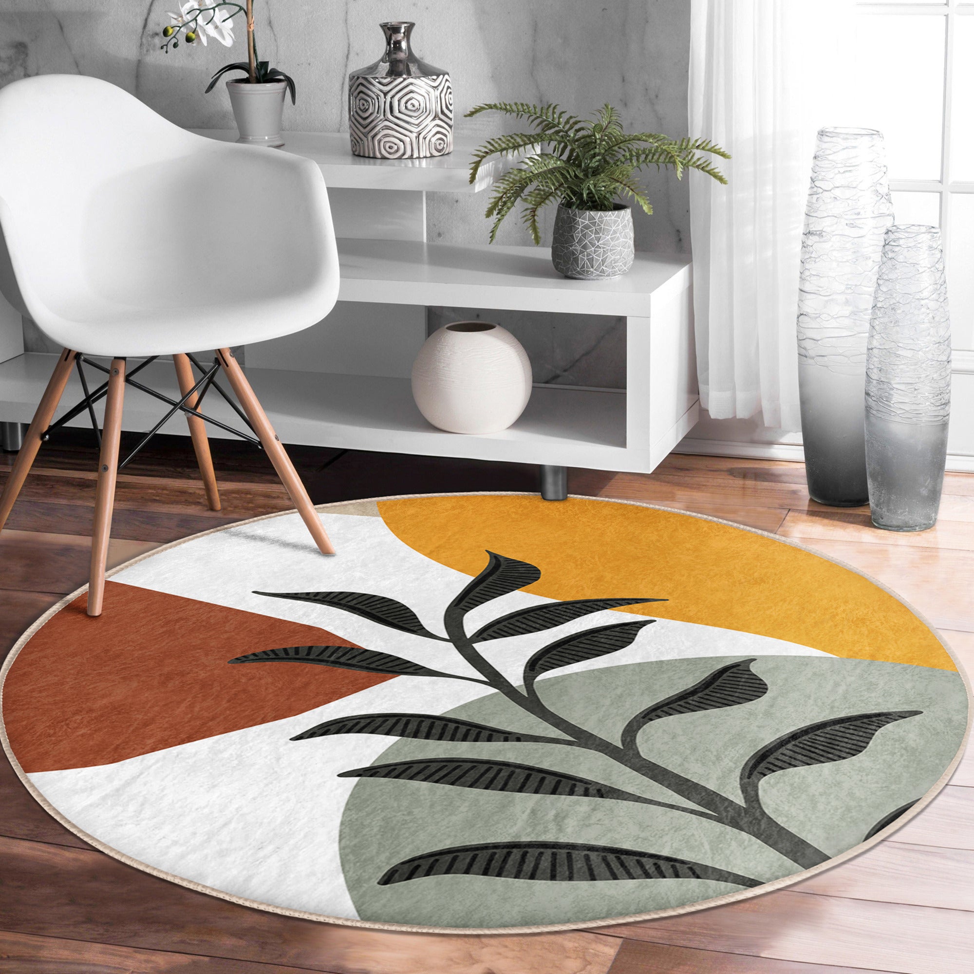 Leaf Pattern Minimalist Decorative Round Rug by Homeezone, featuring a stylish design in soft velvet fabric, perfect for home decor.