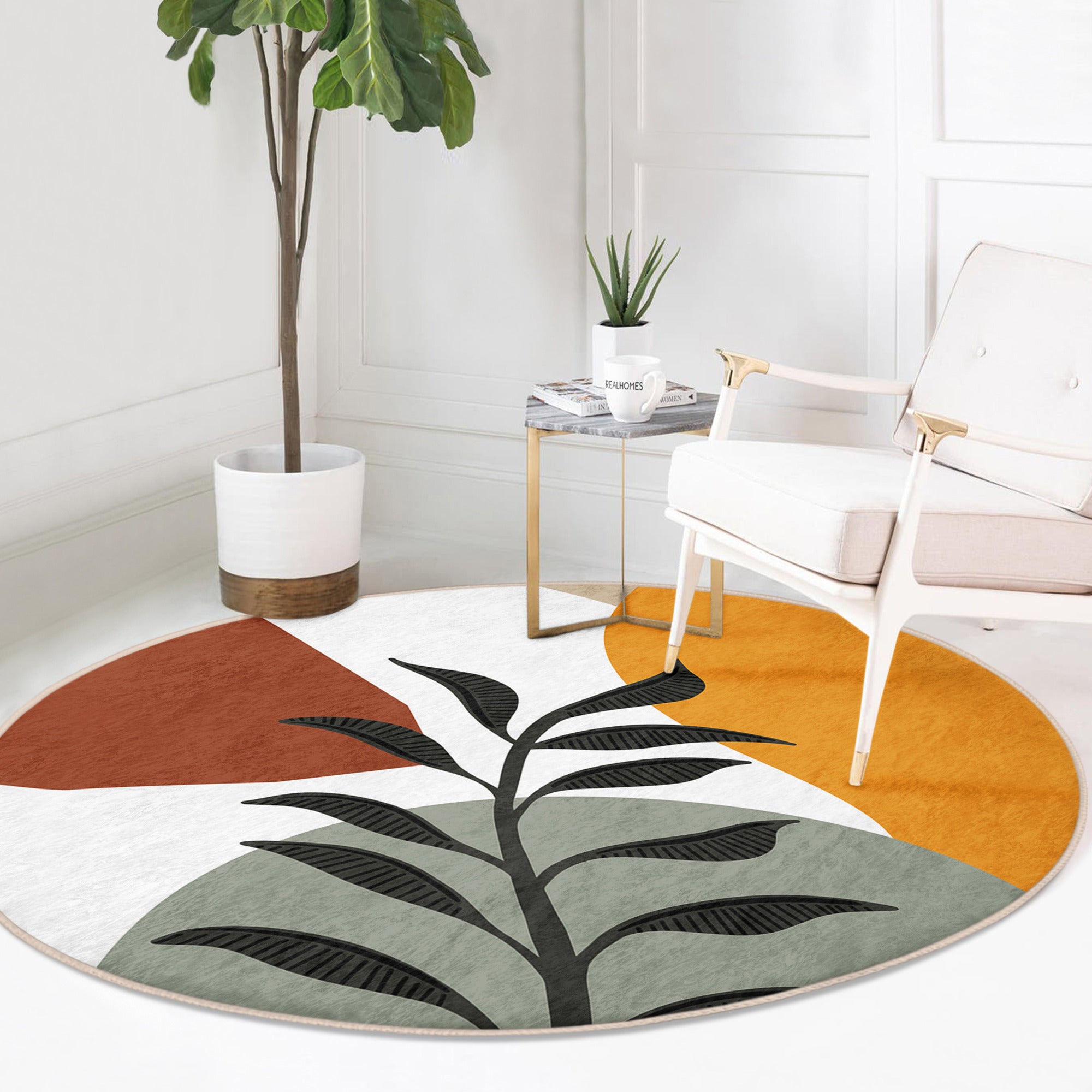 Leaf Pattern Minimalist Decorative Round Rug by Homeezone, featuring a stylish design in soft velvet fabric, perfect for home decor.