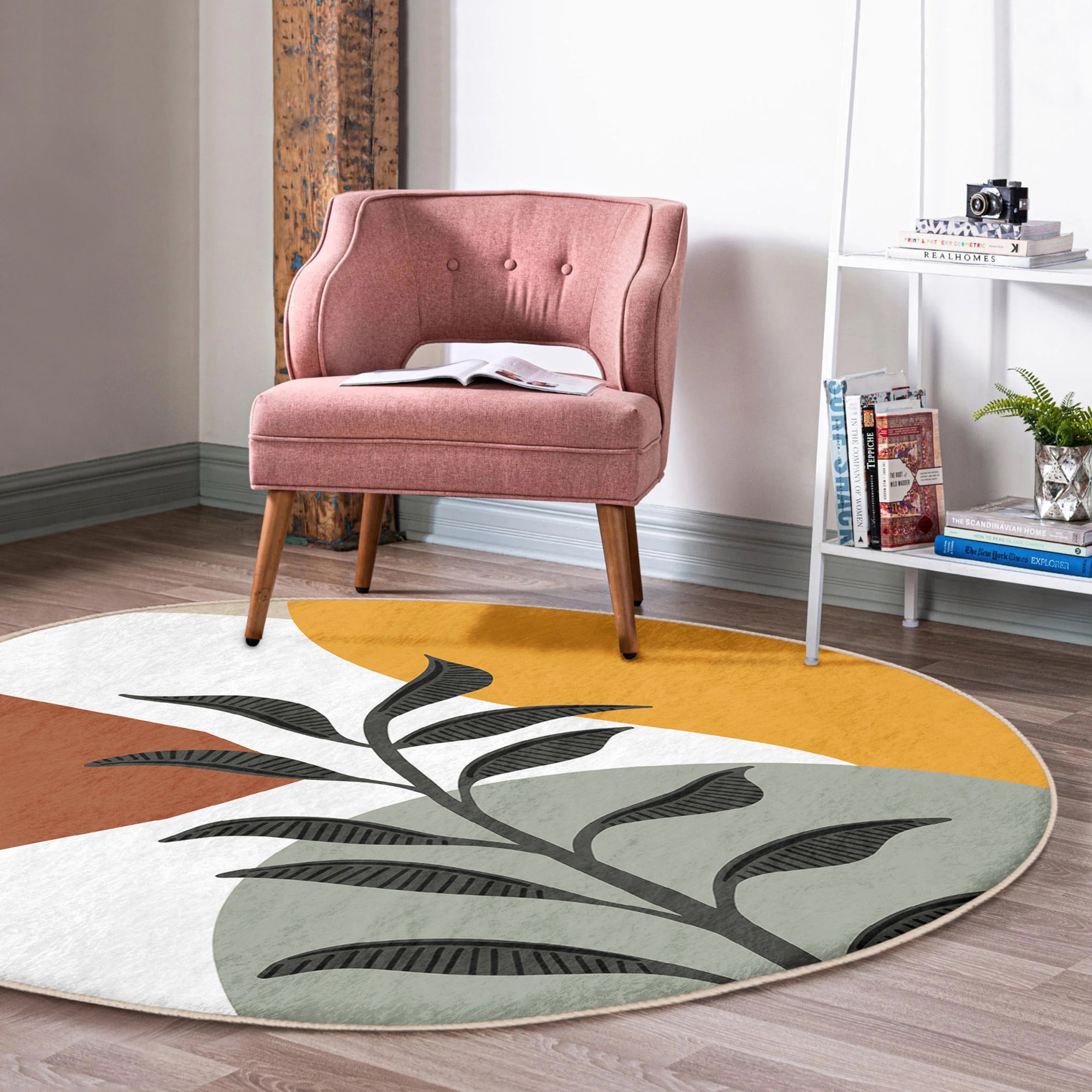 Leaf Pattern Minimalist Decorative Round Rug by Homeezone, featuring a stylish design in soft velvet fabric, perfect for home decor.