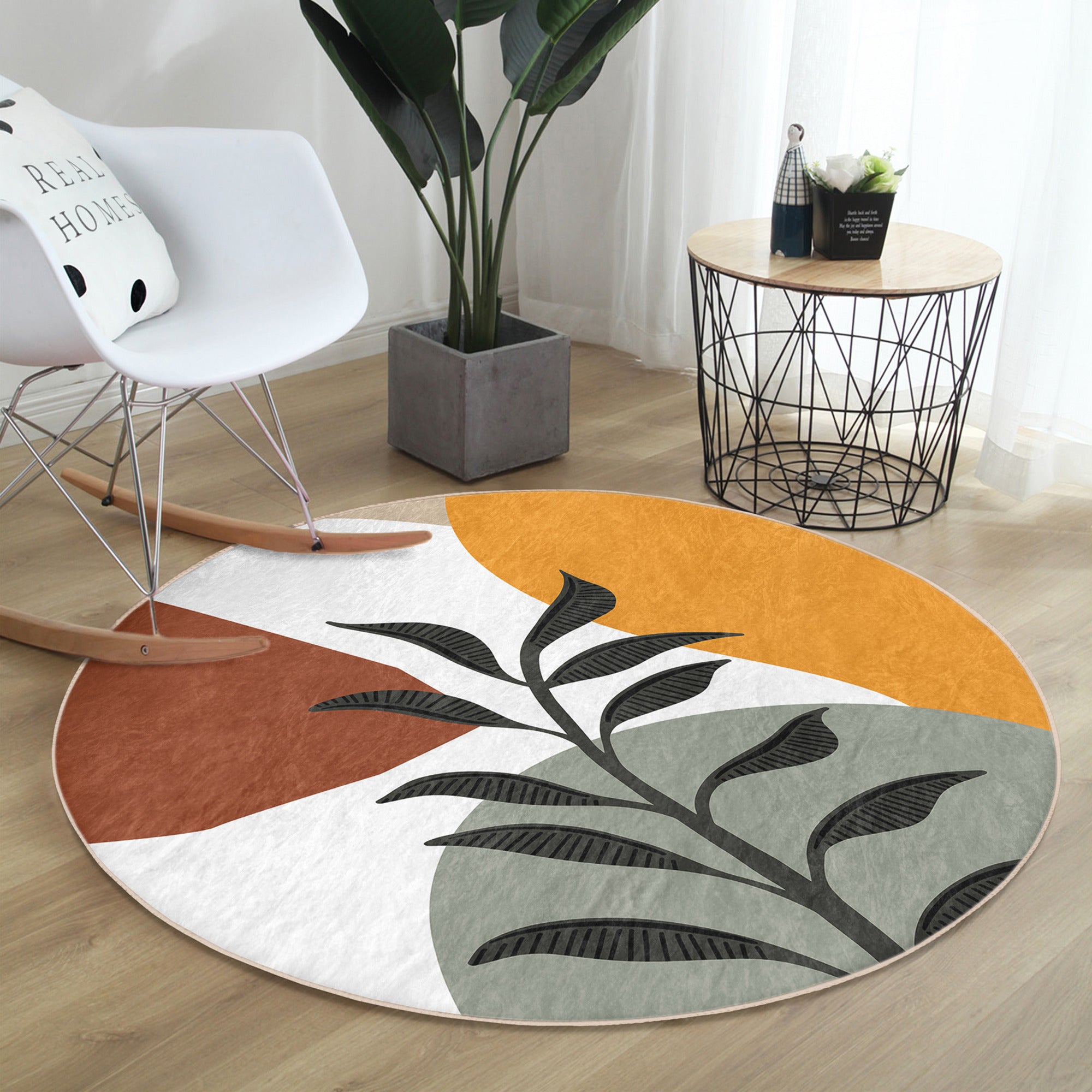 Leaf Pattern Minimalist Decorative Round Rug by Homeezone, featuring a stylish design in soft velvet fabric, perfect for home decor.