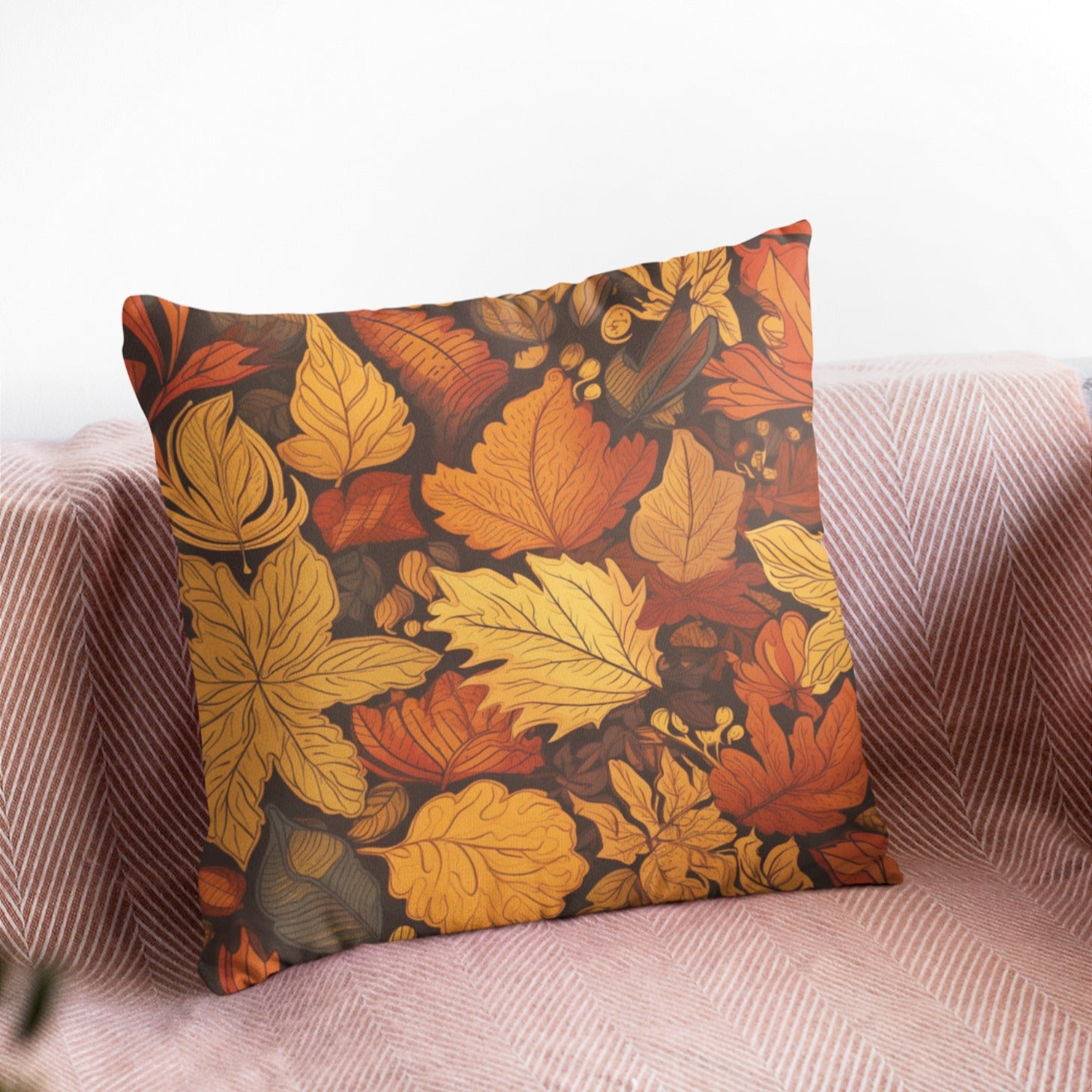 Leaf Pattern Throw Pillow featuring vibrant autumn leaves on a soft fabric, perfect for home decor.