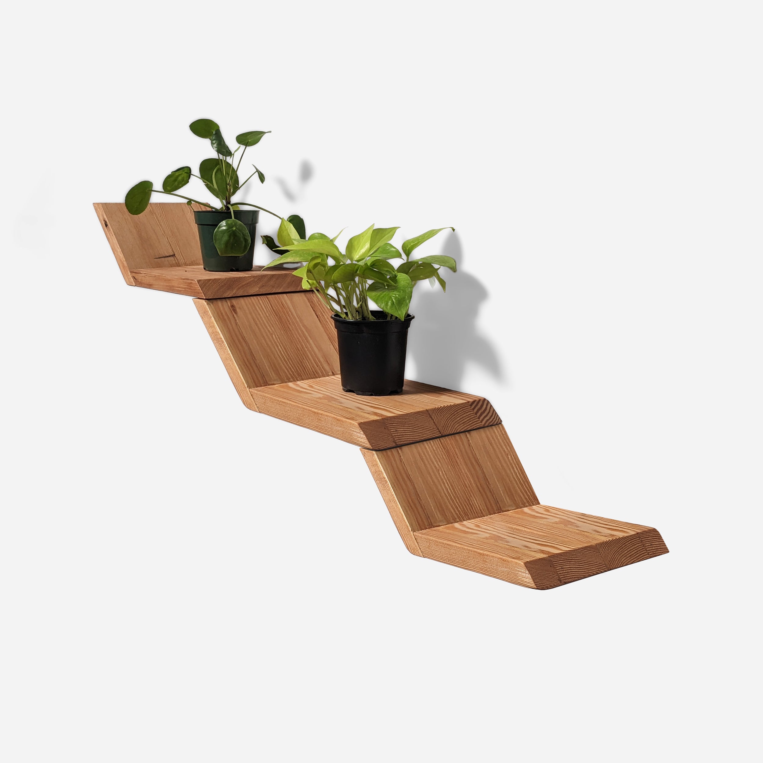 A stylish Lean Shelf mounted on a wall, showcasing plants and decorative items in a modern setting.