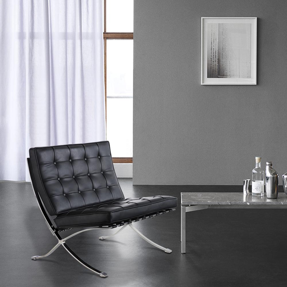 Leather Barcelona Chair Single Seat Sofa in black with stainless steel frame, showcasing its elegant design and high-quality materials.