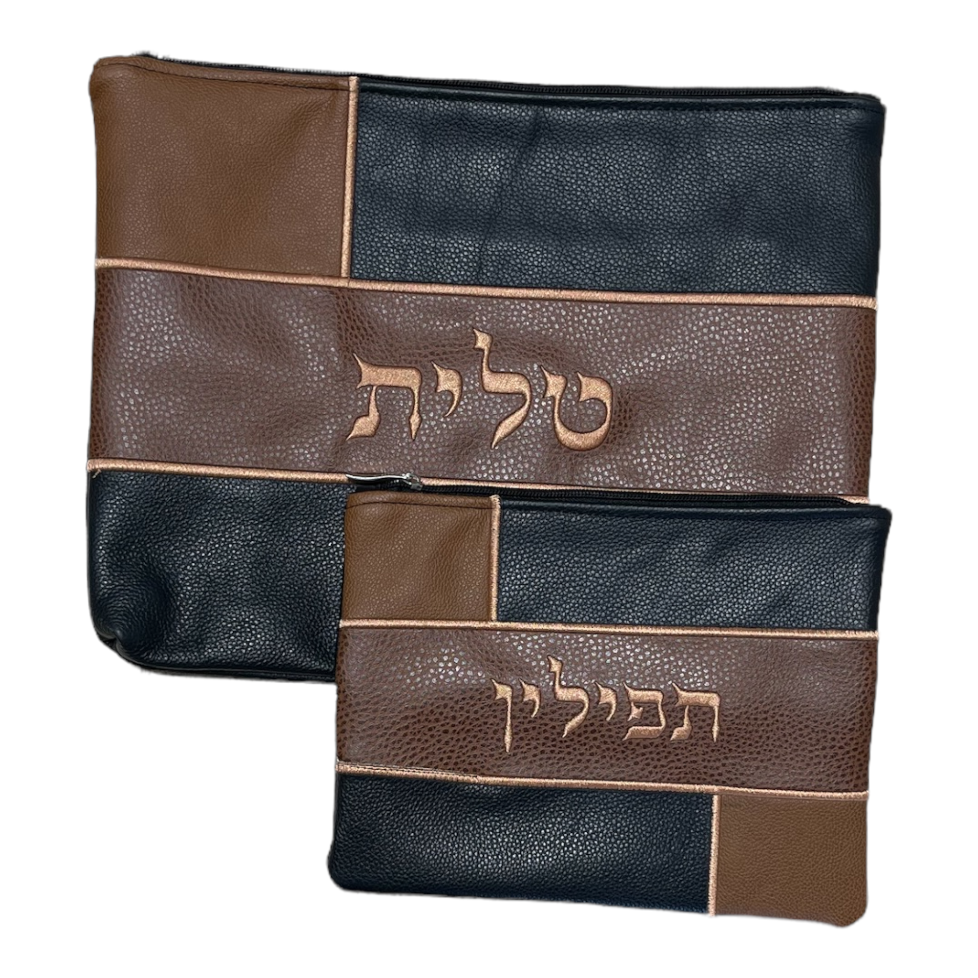 Leather Like Talit and Tefilin Set with elegant 3-tone embroidery, showcasing the Talit and Tefilin bags in a stylish arrangement.