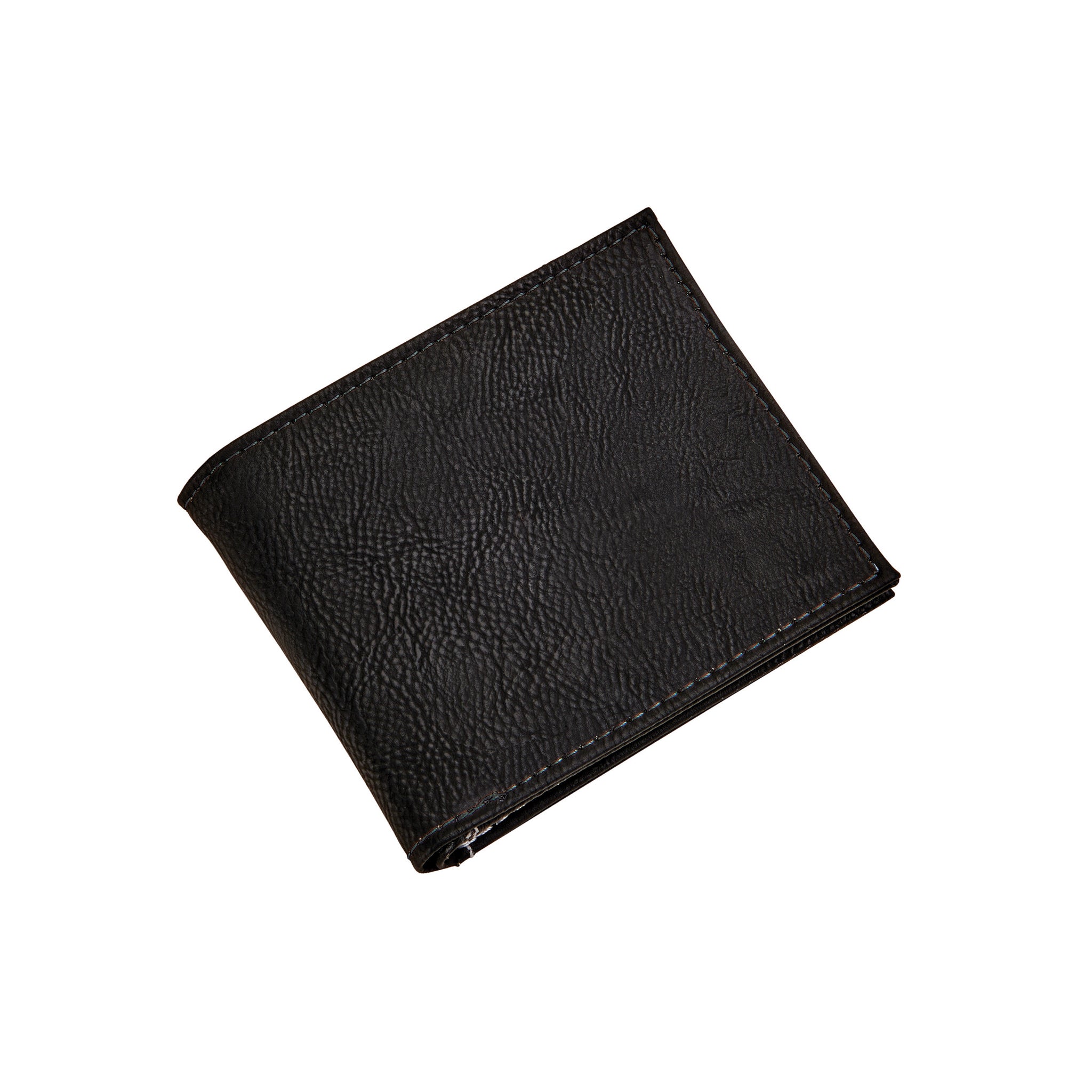 Black leatherette bi-fold wallet with multiple card slots and ID window, measuring 4.5" x 3.75".