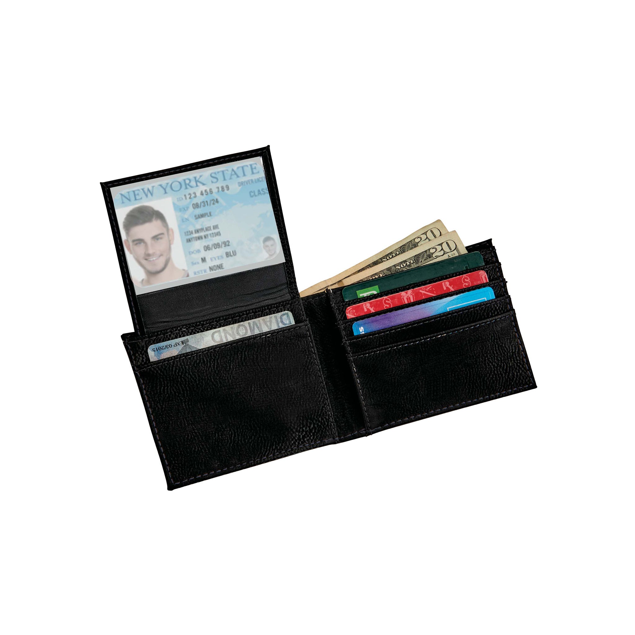 Black leatherette bi-fold wallet with multiple card slots and ID window, measuring 4.5" x 3.75".