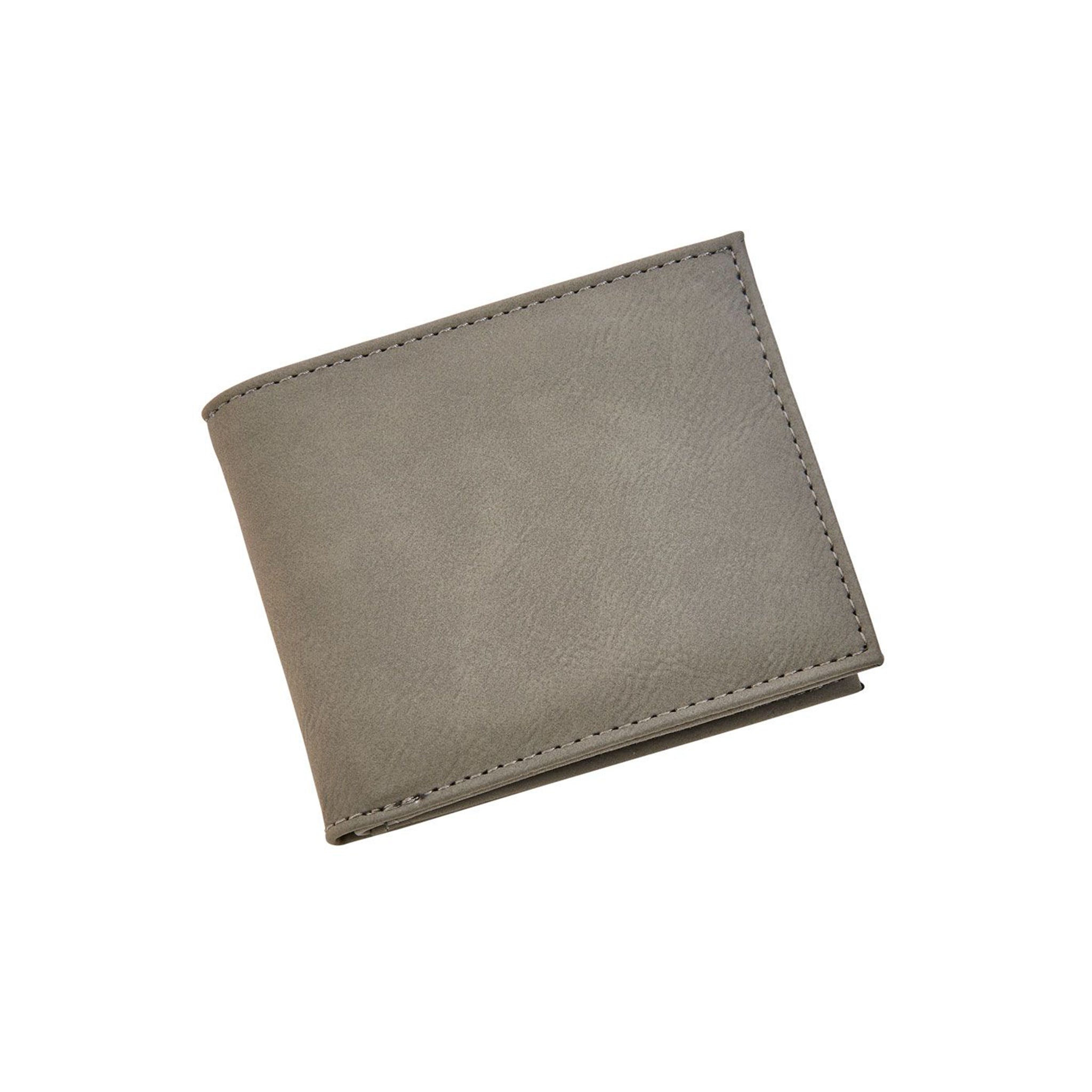 Grey leatherette bi-fold wallet with multiple card slots and ID window, elegantly designed for organization.