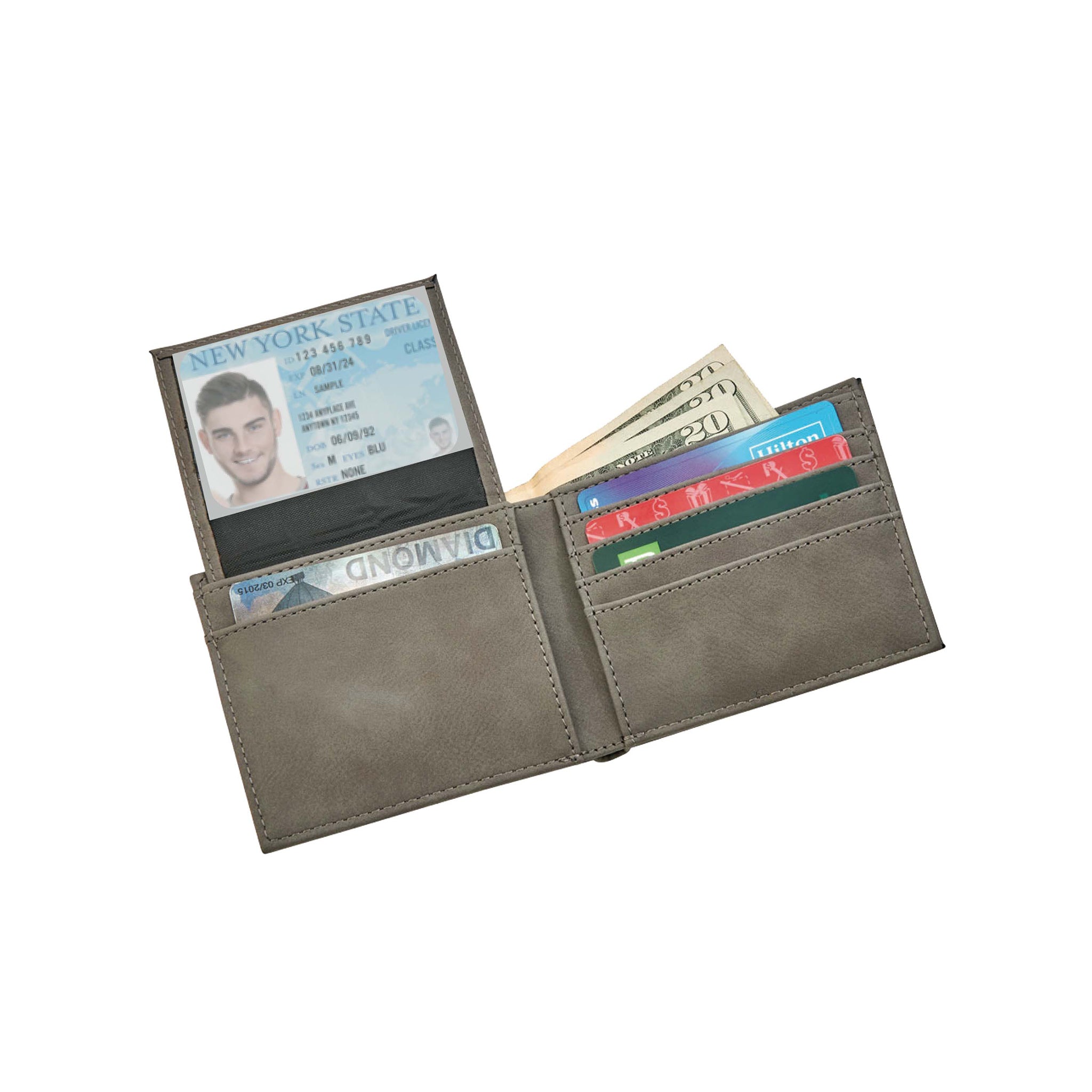 Grey leatherette bi-fold wallet with multiple card slots and ID window, elegantly designed for organization.