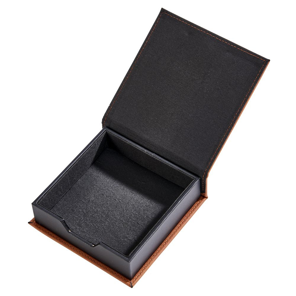 Caramel leatherette catch-all box measuring 4.75" x 4.75" x 1.5", customizable with laser engraving.