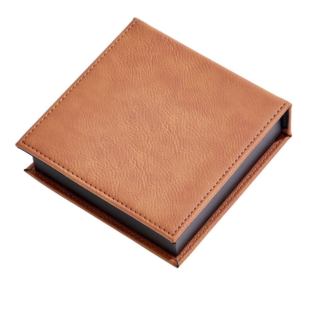 Caramel leatherette catch-all box measuring 4.75" x 4.75" x 1.5", customizable with laser engraving.