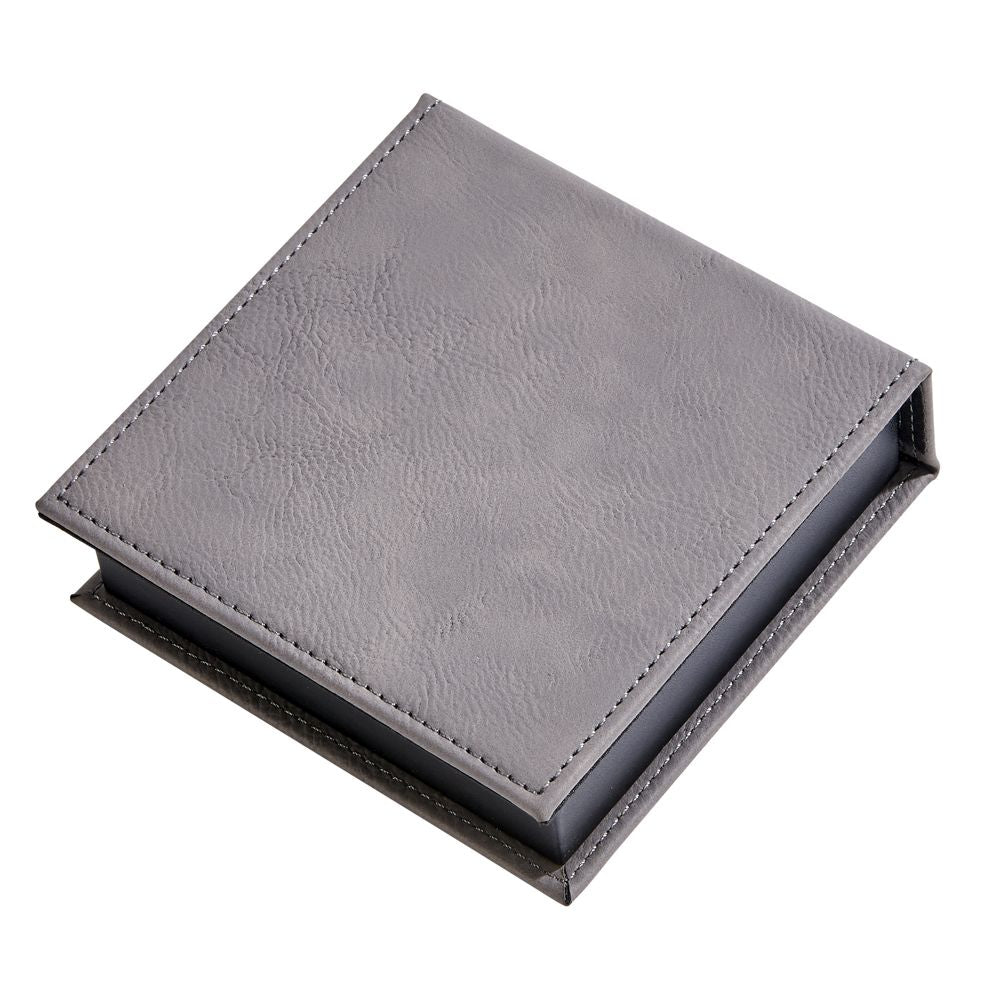 Grey leatherette catch-all box measuring 4.75" x 4.75" x 1.5", perfect for organization and personalization.