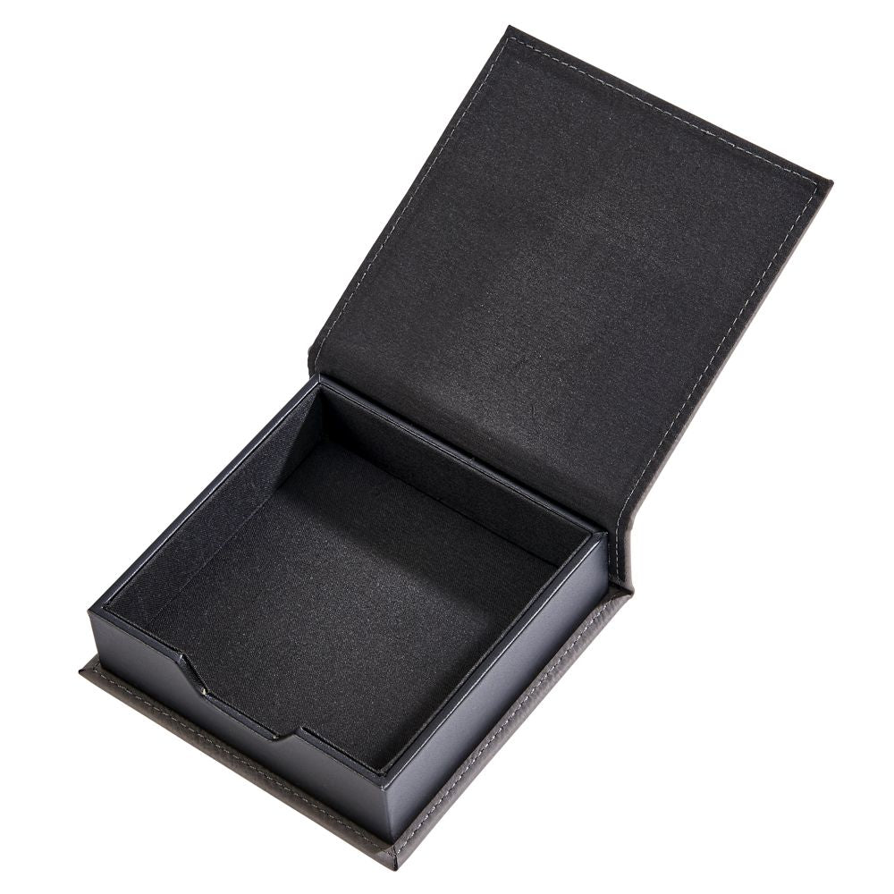 Grey leatherette catch-all box measuring 4.75" x 4.75" x 1.5", perfect for organization and personalization.