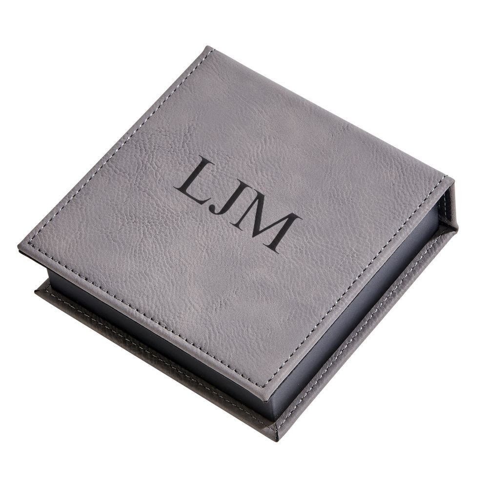 Grey leatherette catch-all box measuring 4.75" x 4.75" x 1.5", perfect for organization and personalization.