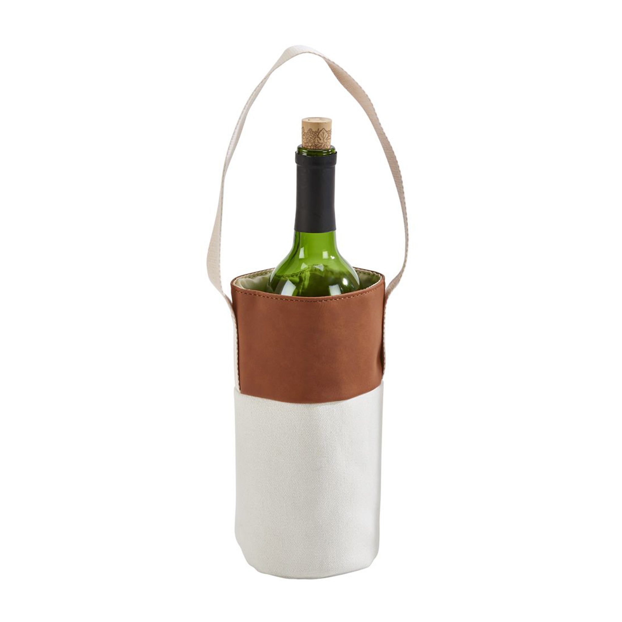 Stylish caramel leatherette and canvas wine tote holding a wine bottle, elegantly designed for parties.