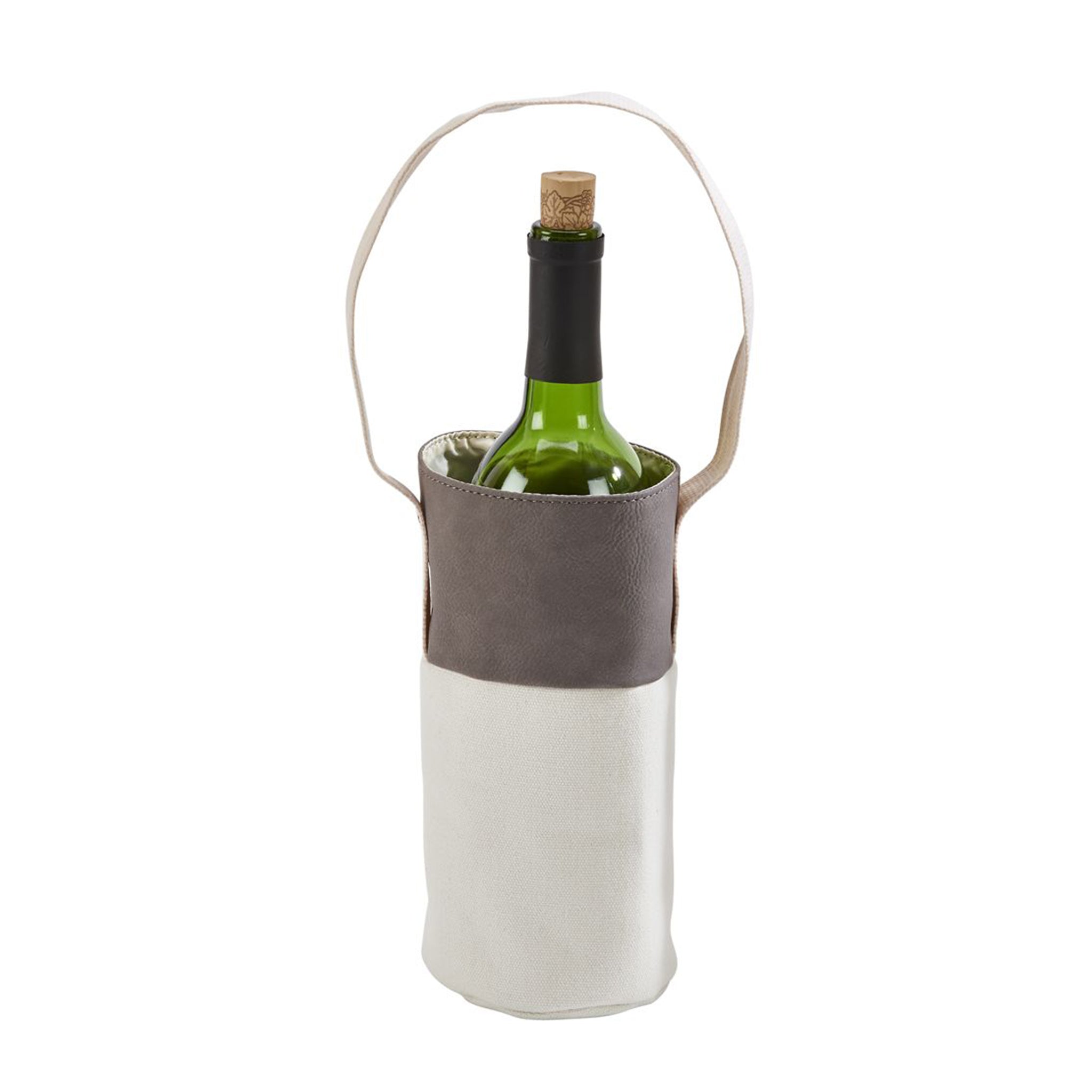 Stylish grey leatherette and canvas wine tote holding a wine bottle, perfect for parties.