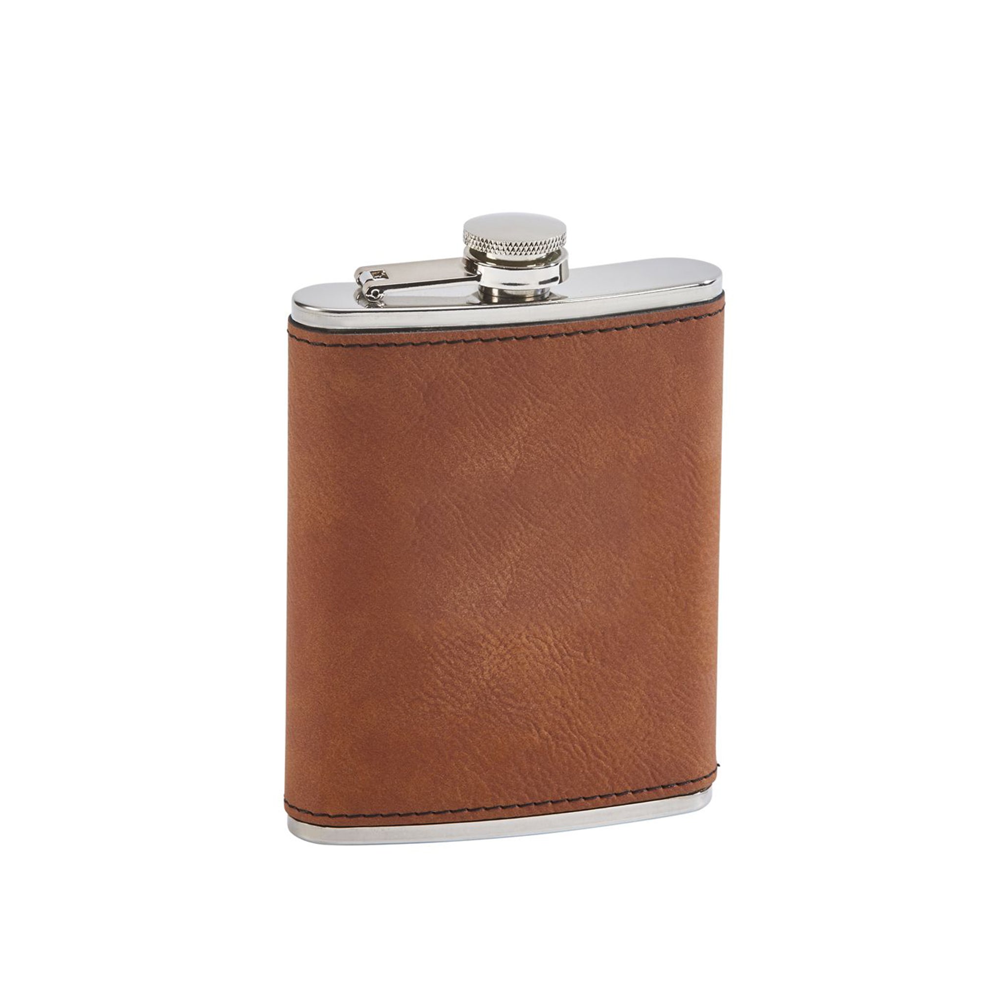 Caramel Leatherette Flask with hinged cap, 8 oz capacity, stylish design for men and women.