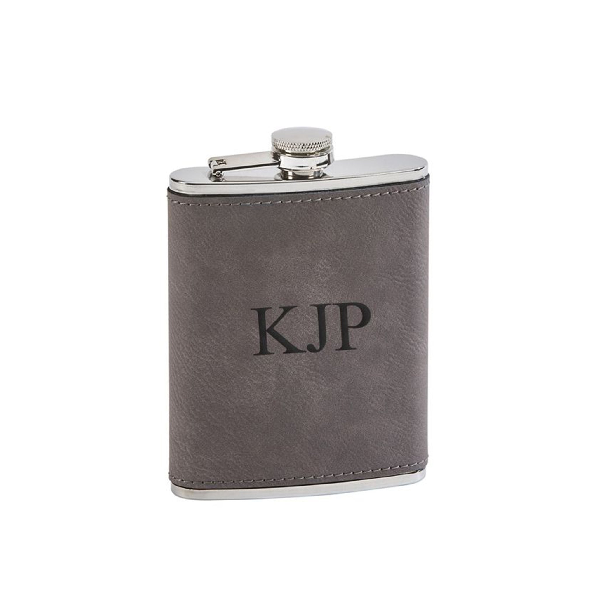 Grey leatherette covered steel flask, 8oz capacity, with hinged top and stylish design.