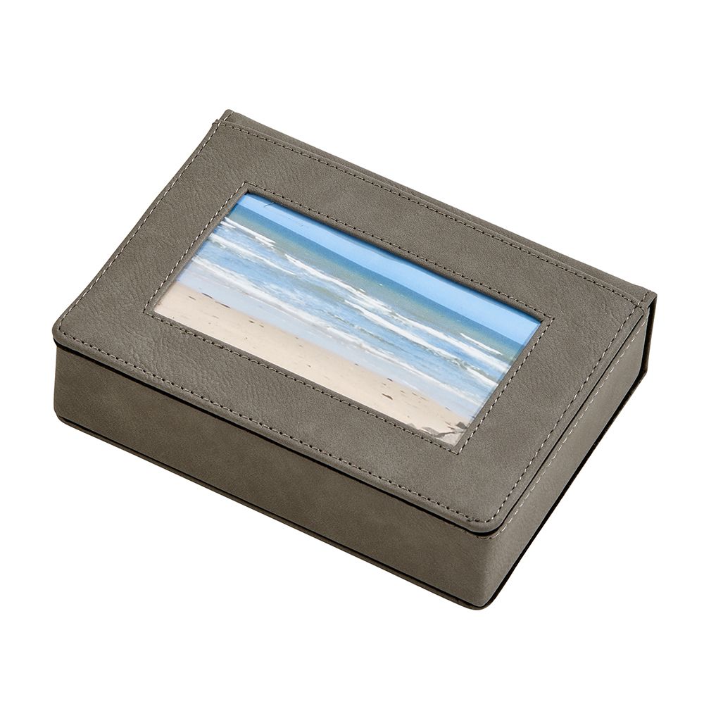 Grey leatherette frame cover box with hinged lid, displaying a 3x5 photo and designed for keepsakes.