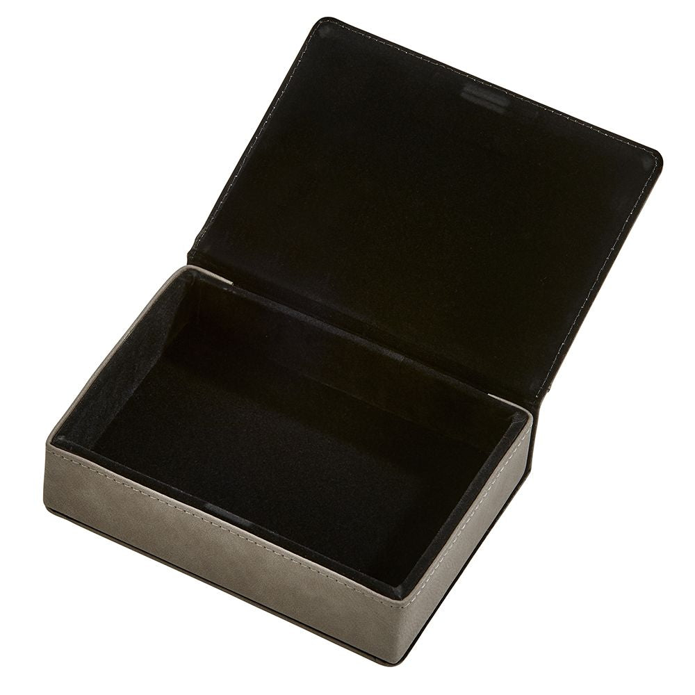 Grey leatherette frame cover box with hinged lid, displaying a 3x5 photo and designed for keepsakes.