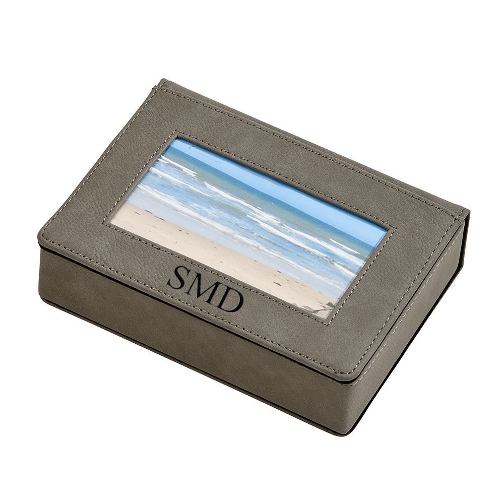 Grey leatherette frame cover box with hinged lid, displaying a 3x5 photo and designed for keepsakes.