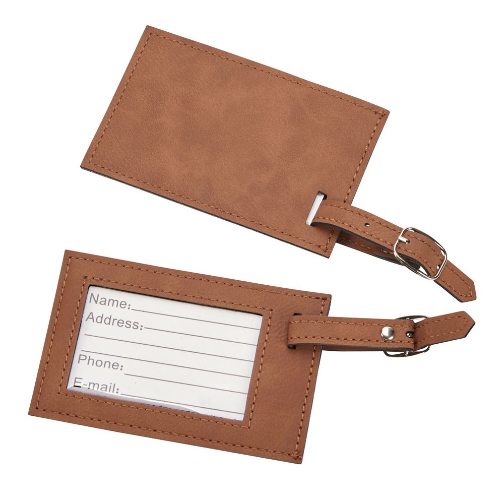 Caramel leatherette luggage tag with clear window and buckled strap, measuring 2.75" x 4.375".