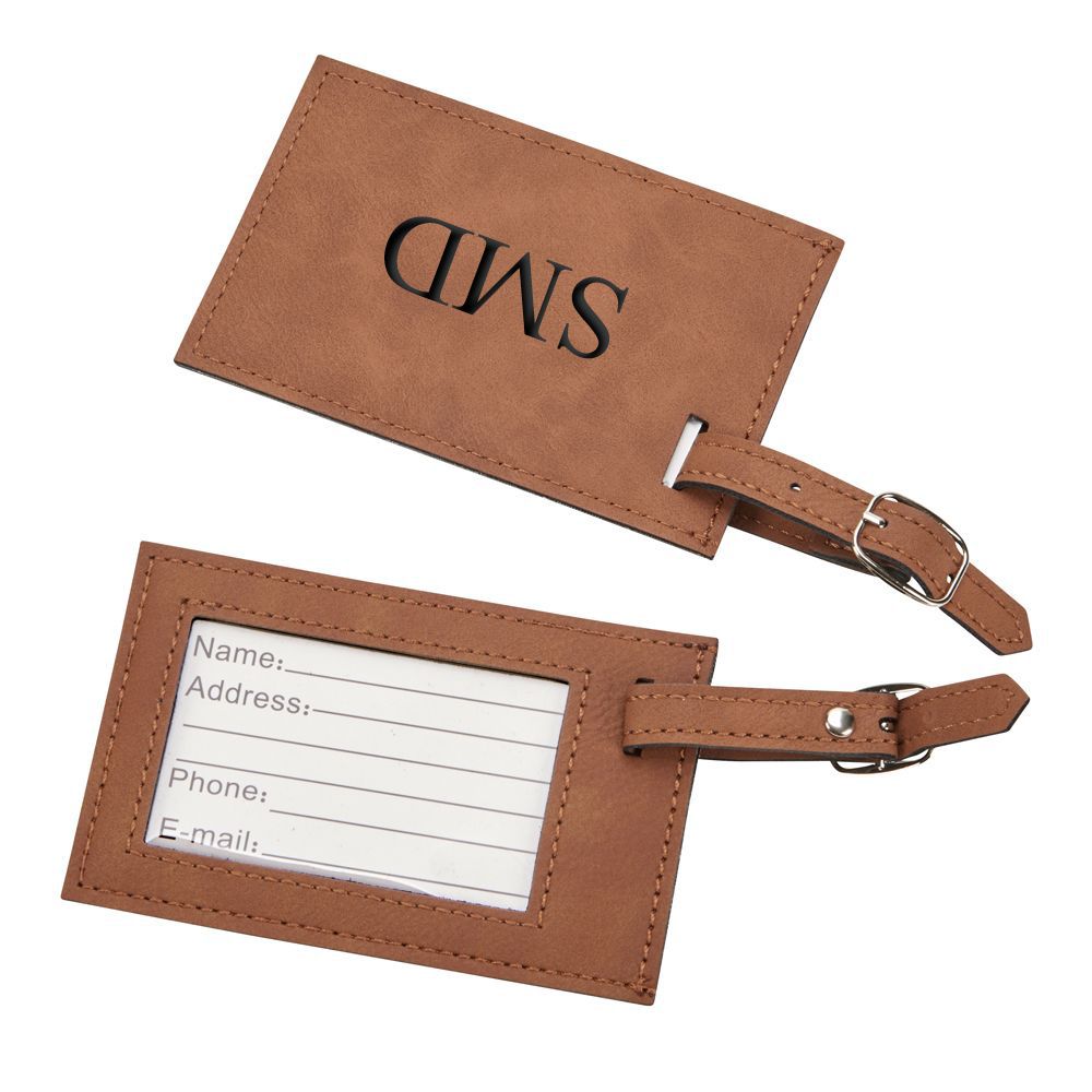 Caramel leatherette luggage tag with clear window and buckled strap, measuring 2.75" x 4.375".