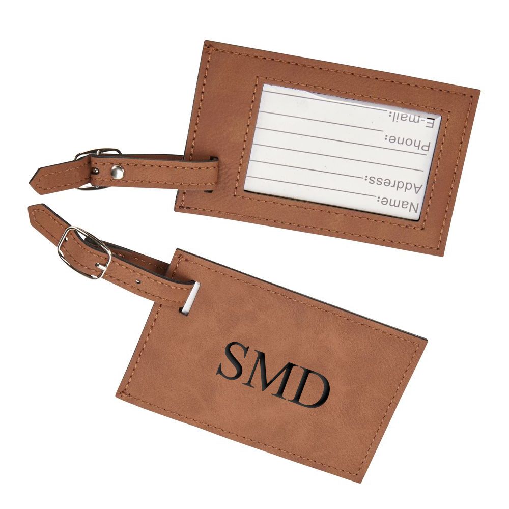 Caramel leatherette luggage tag with clear window and buckled strap, measuring 2.75" x 4.375".