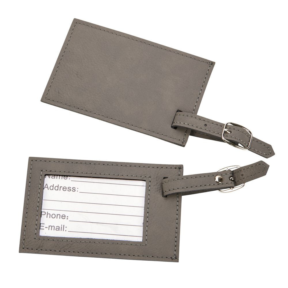 Grey leatherette luggage tag with clear window and buckled strap, measuring 2.75" x 4.375".