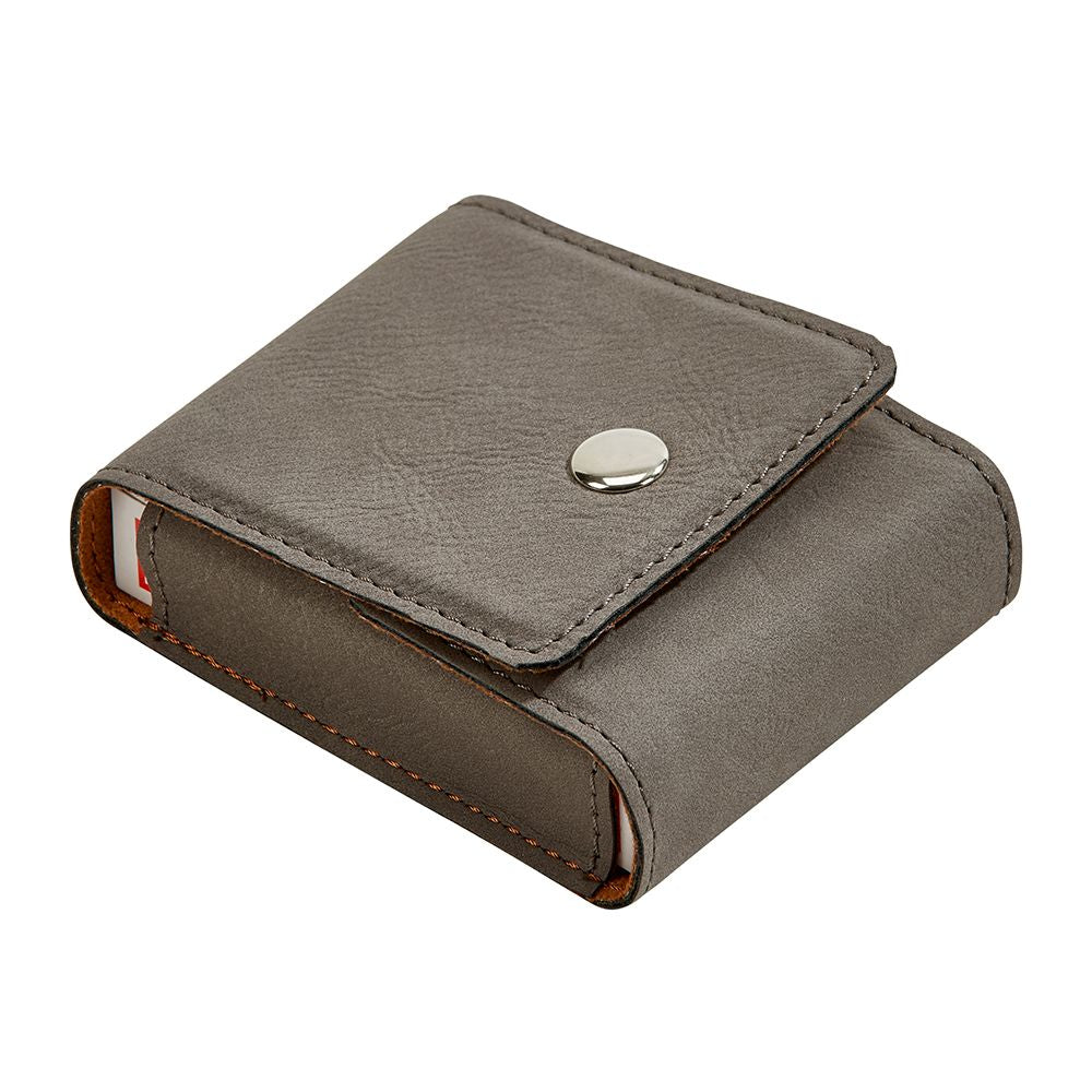 Grey leatherette playing cards case with snap closure, holding a deck of poker cards.