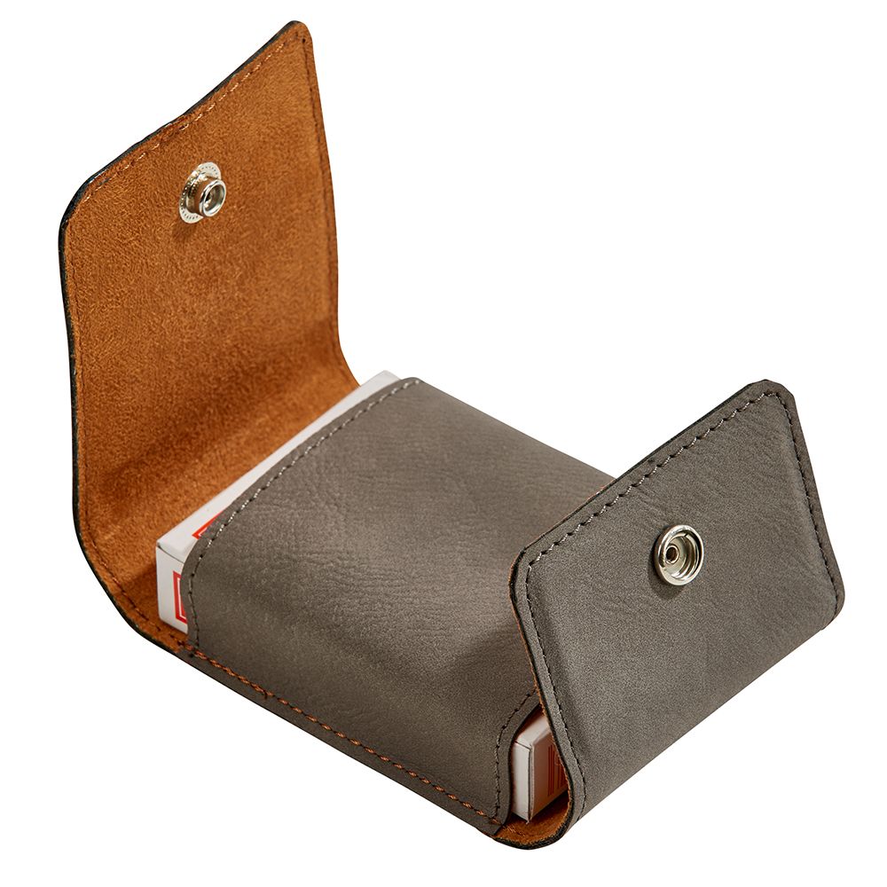 Grey leatherette playing cards case with snap closure, holding a deck of poker cards.