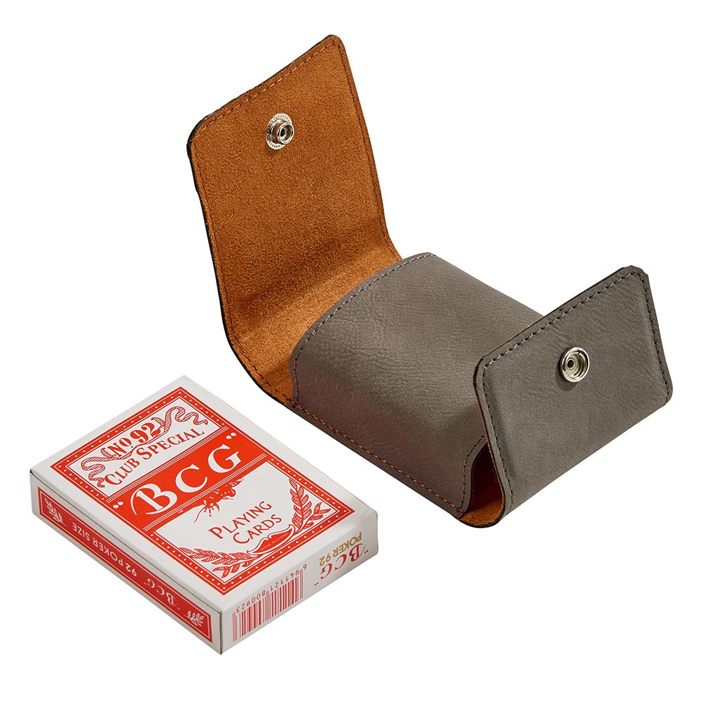 Grey leatherette playing cards case with snap closure, holding a deck of poker cards.