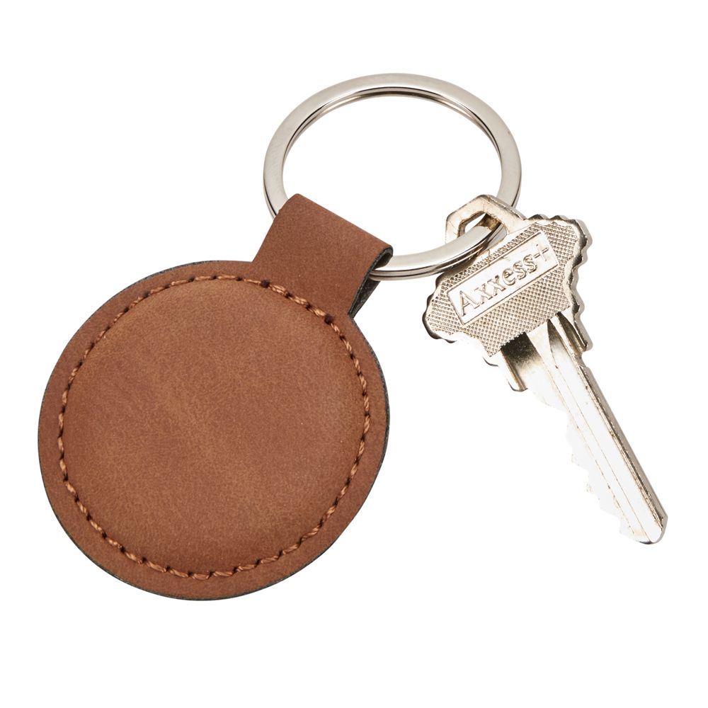 Caramel leatherette round keychain with stitching, 1.875 inches in diameter, includes a 1.25-inch key ring.