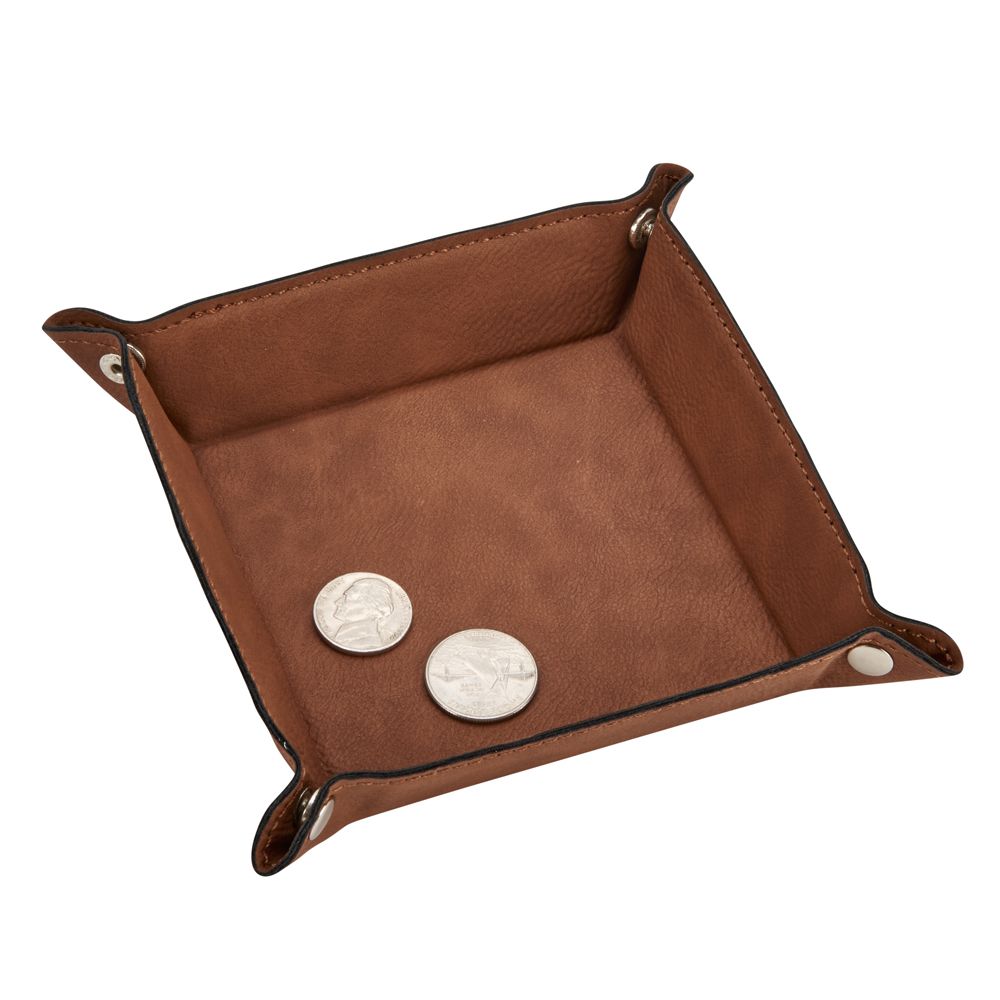 Caramel leatherette snap tray, compact and stylish, perfect for organizing keys and coins.