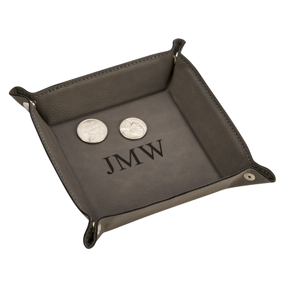 Grey leatherette snap tray with four corners, perfect for organizing coins and keys.