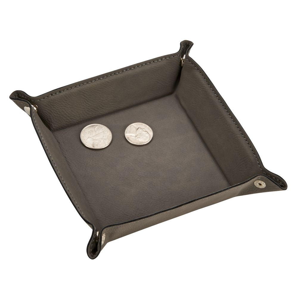 Grey leatherette snap tray with four corners, perfect for organizing coins and keys.